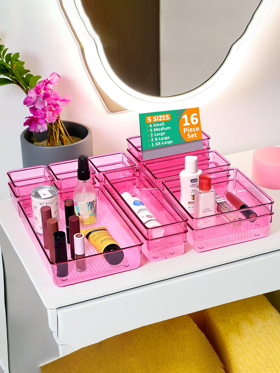 Kuber Industries 16 Pcs Pink Transparent Cosmetic Vanity Makeup Drawer Organiser