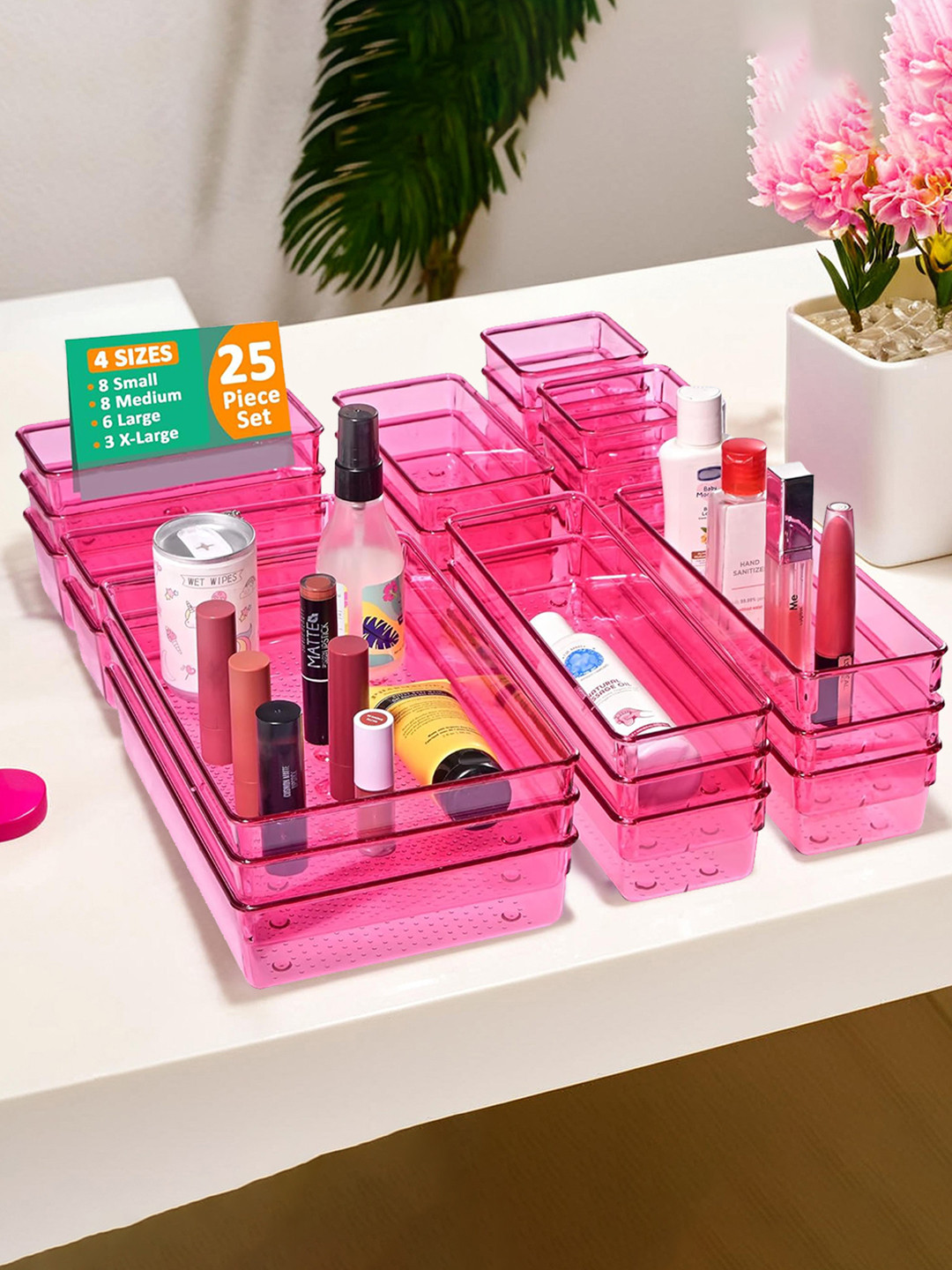 Kuber Industries 25 Pcs Pink Transparent Cosmetic Vanity Makeup Drawer Organisers