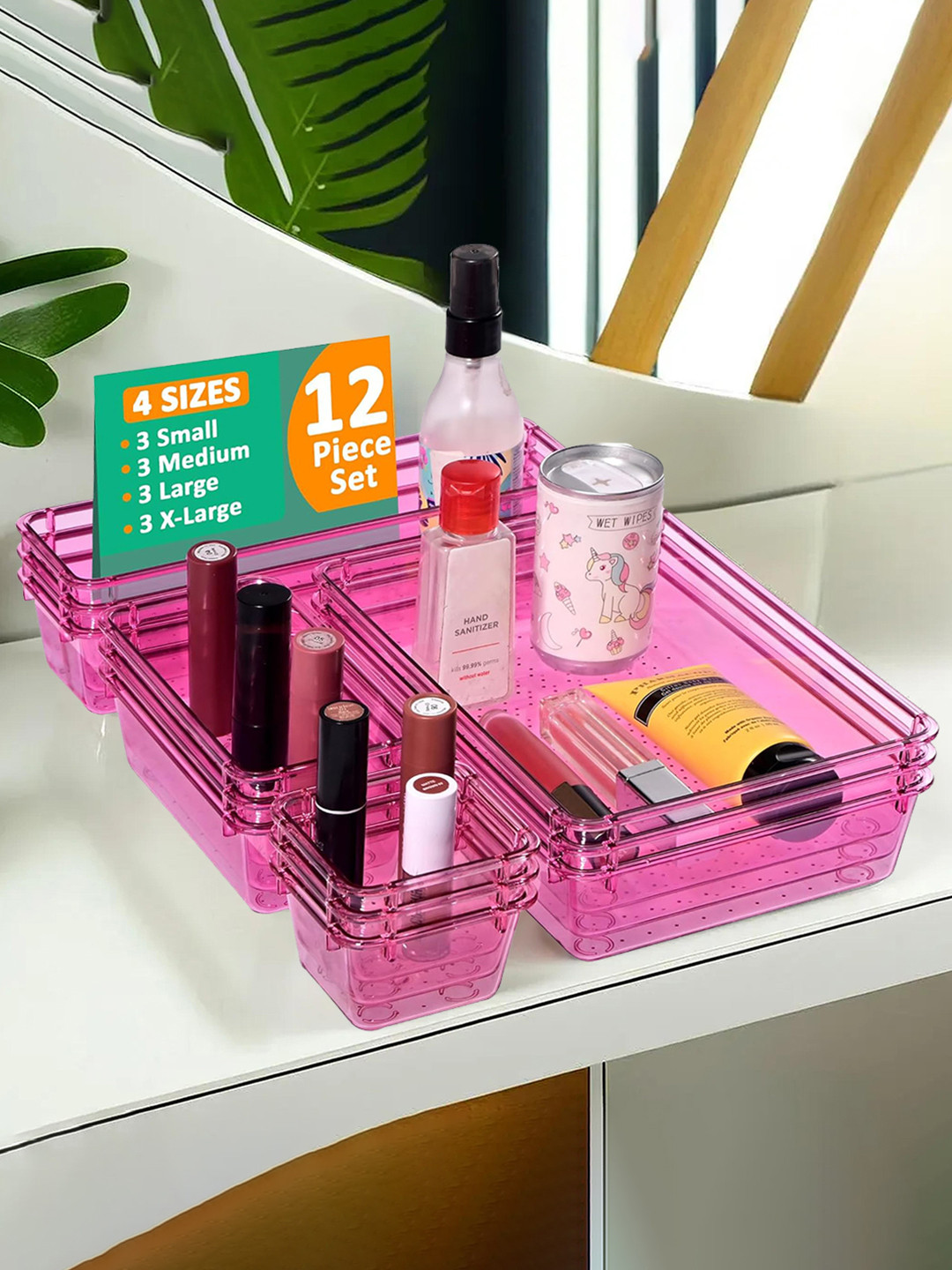 Kuber Industries 12 Pcs Pink Transparent Cosmetic Vanity Makeup Drawer Organiser