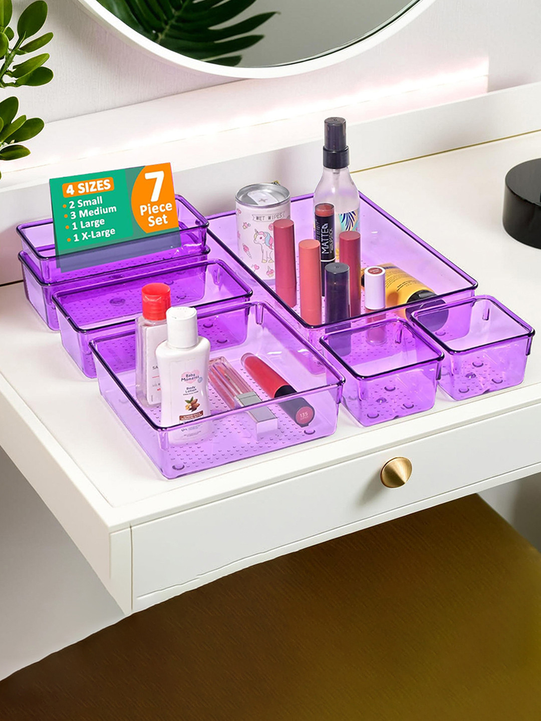 Kuber Industries 7 Pcs Purple Transparent Cosmetic Vanity Makeup Drawer Organiser