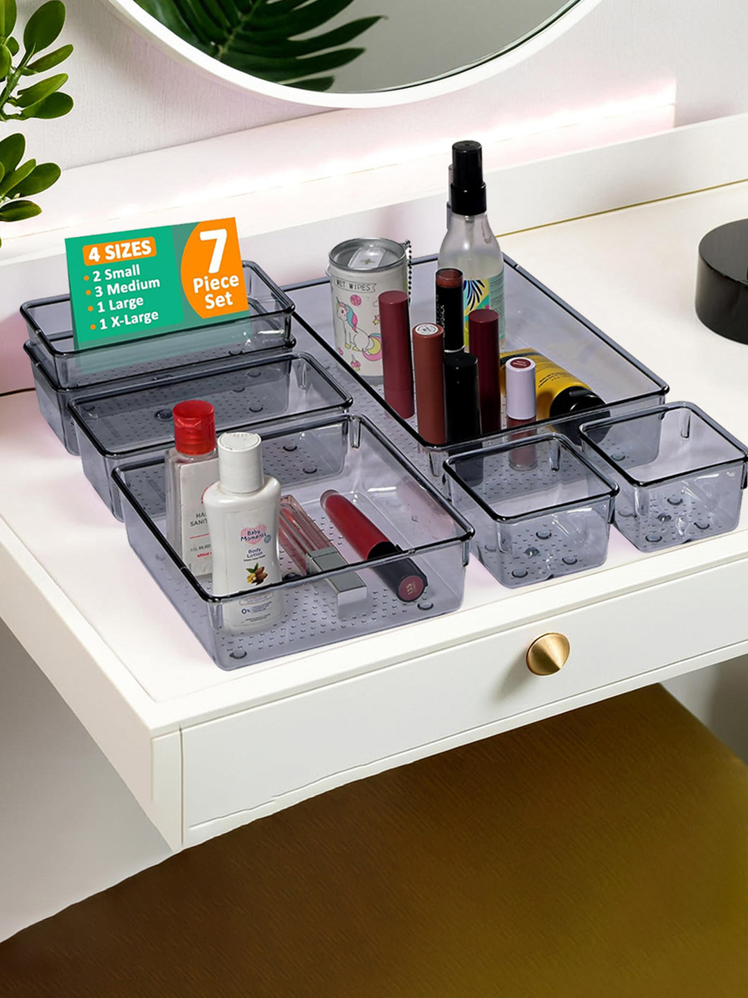Kuber Industries Black 7 Pcs Transparent Cosmetic Desk Makeup Drawer Organiser for Kitchen