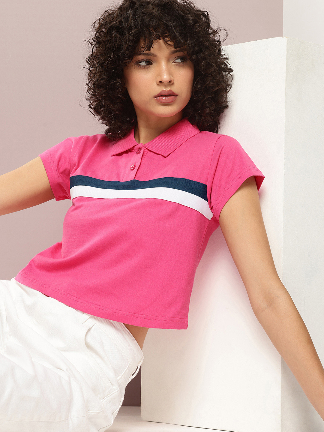 DILLINGER Women Regular Cropped Self Design Polo Tshirt