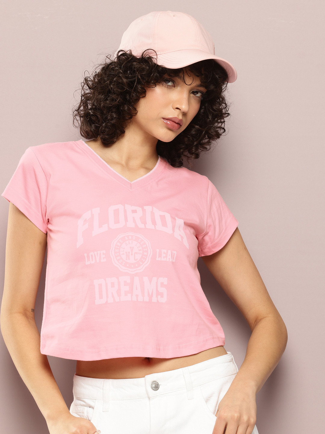 DILLINGER Women Regular Fit Cropped Printed V-neck Tshirt