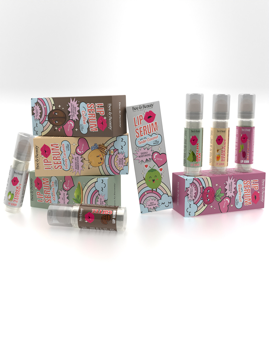 Bee & Beauty Set Of 5 Matcha, Beetroot, Coconut, Honey & Coffee Lip Serum- 5 ml Each