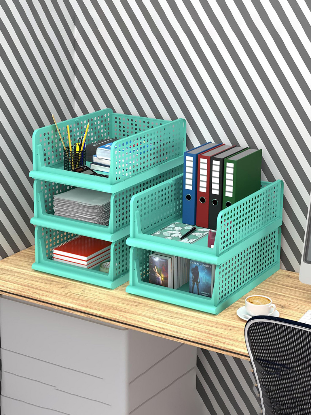 Aura Green 5 Pieces Plastic Office Storage Box Desk Organisers