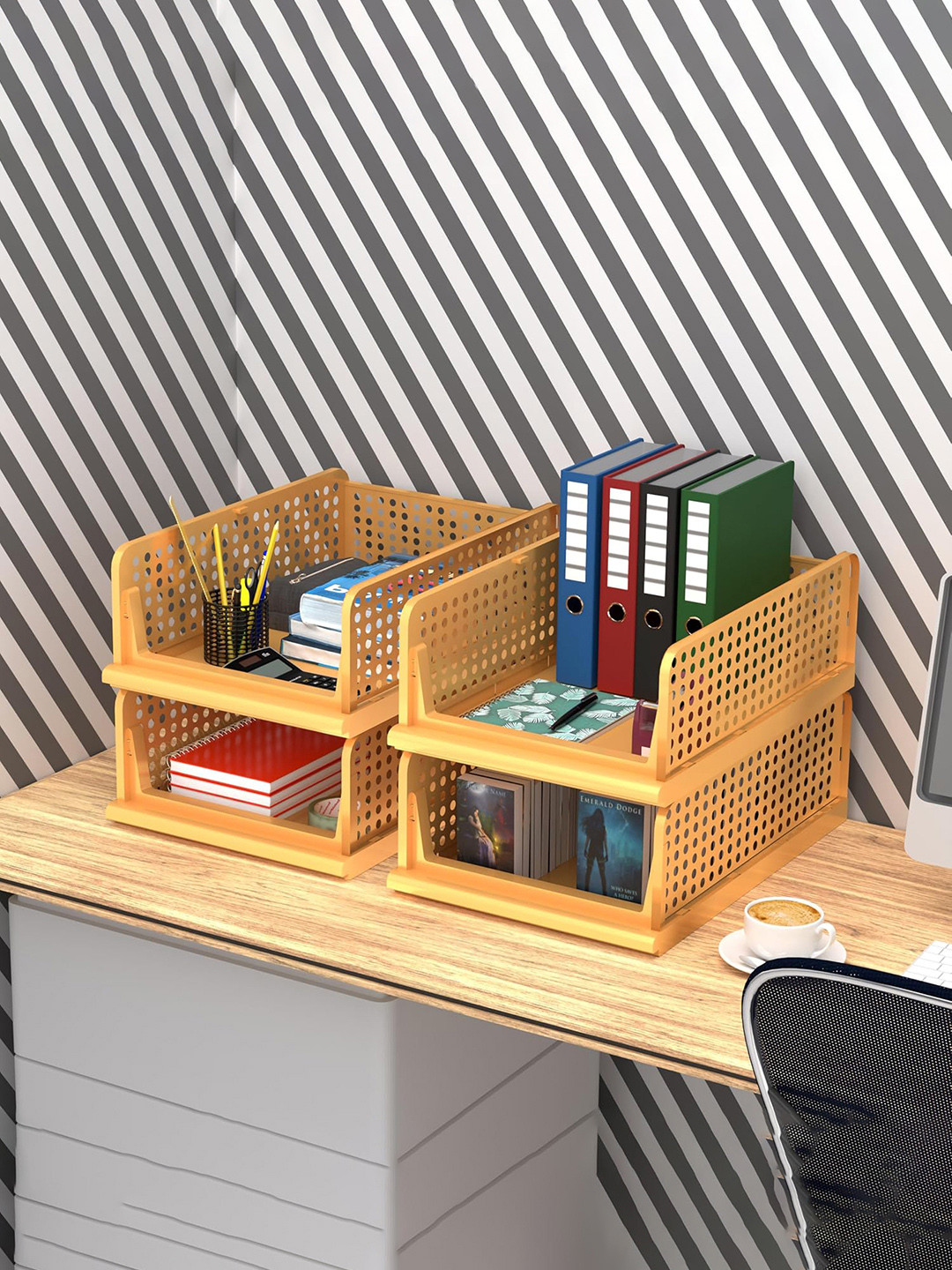 Aura Cream-Coloured 4 Pieces Plastic Office Storage Box Desk Organisers