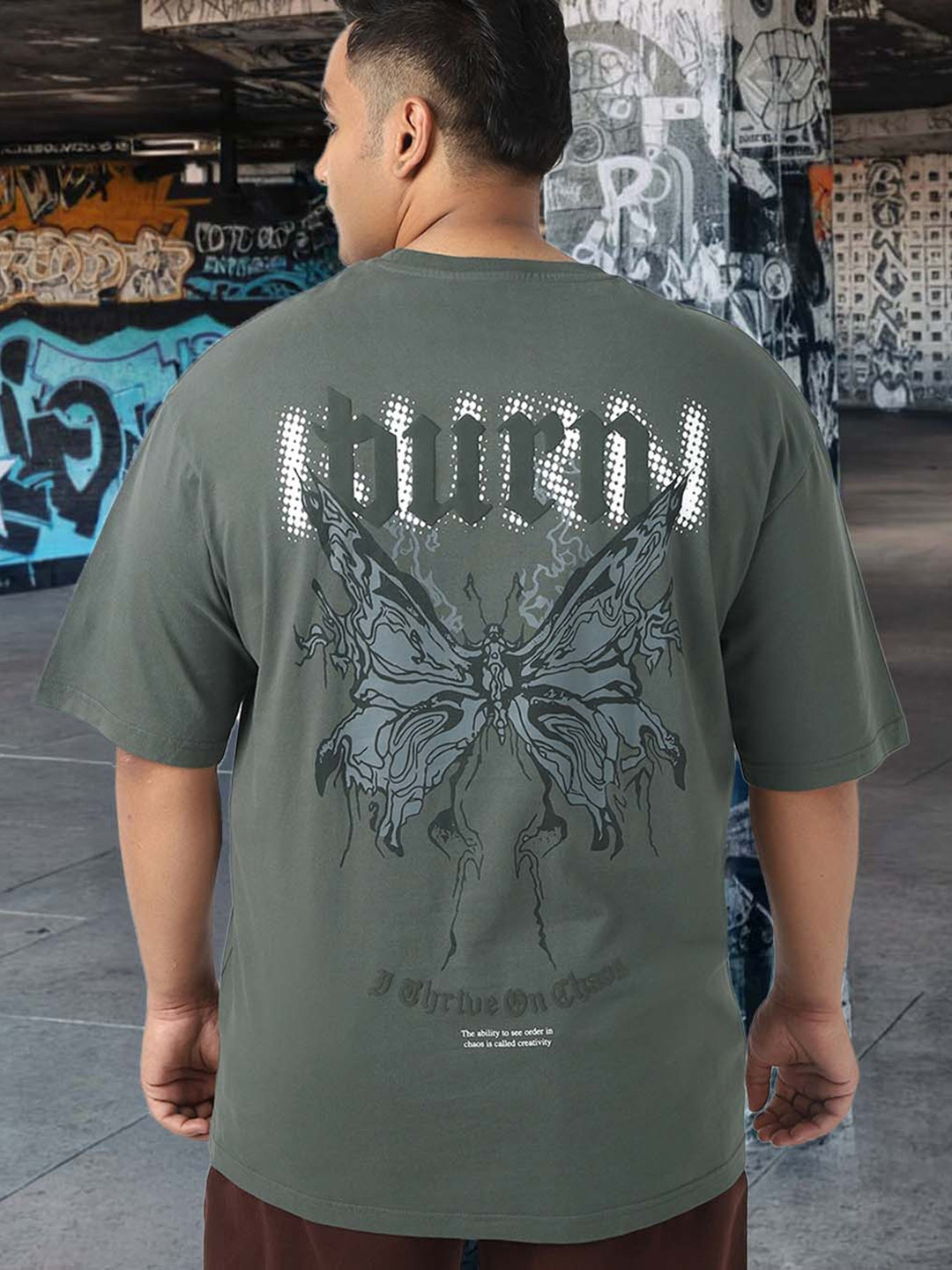 Bewakoof Plus Men's Dark Grey Burn Graphic Printed Oversized Plus Size T-shirt