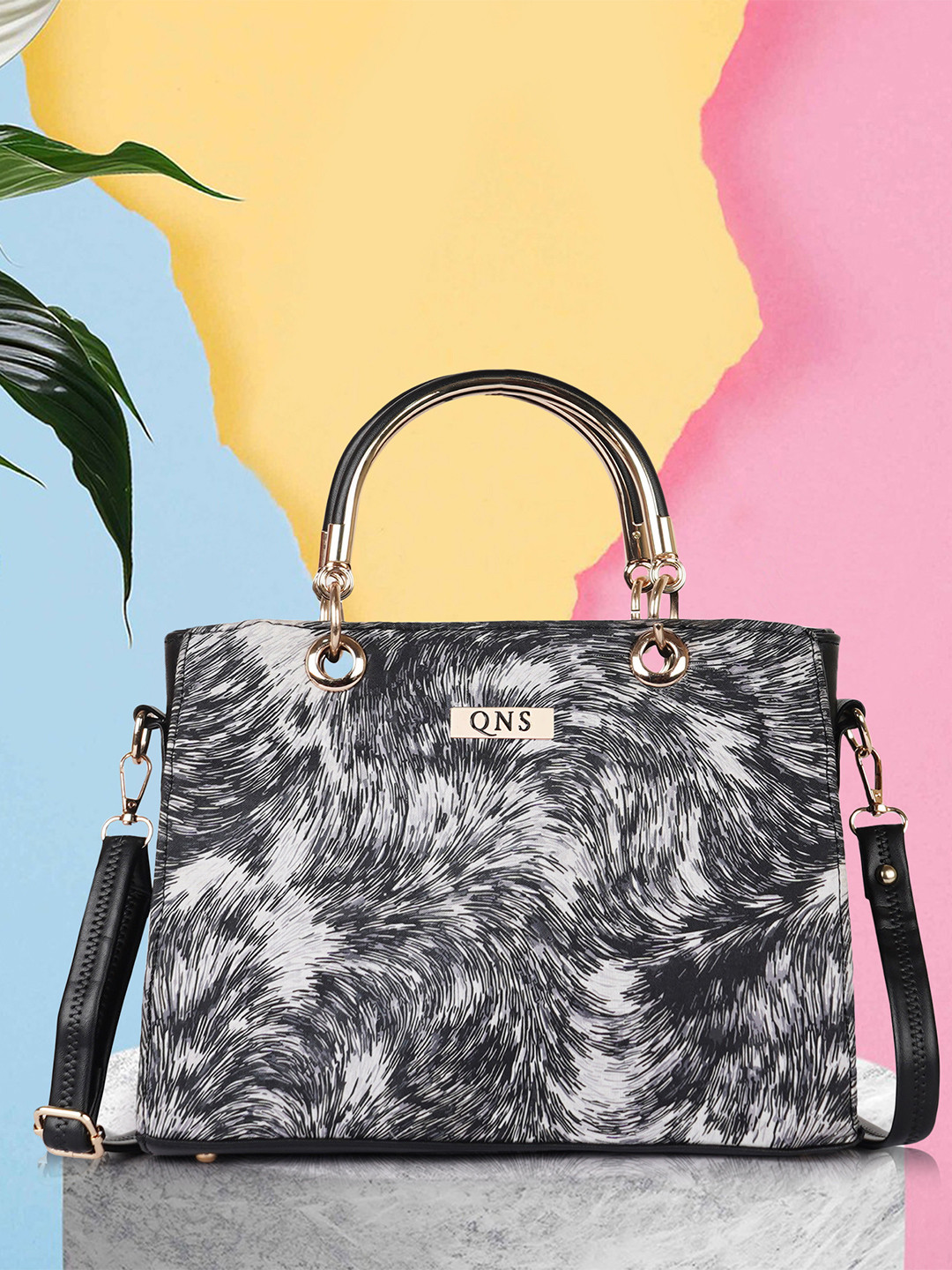 QNS Women Abstract Printed Structured Leather Handheld Bag