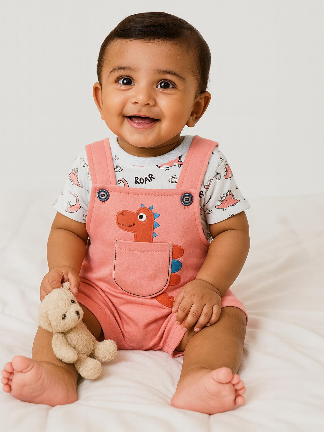 MeeMee Infant Girl Printed Cotton Dino Dungaree With T-Shirt