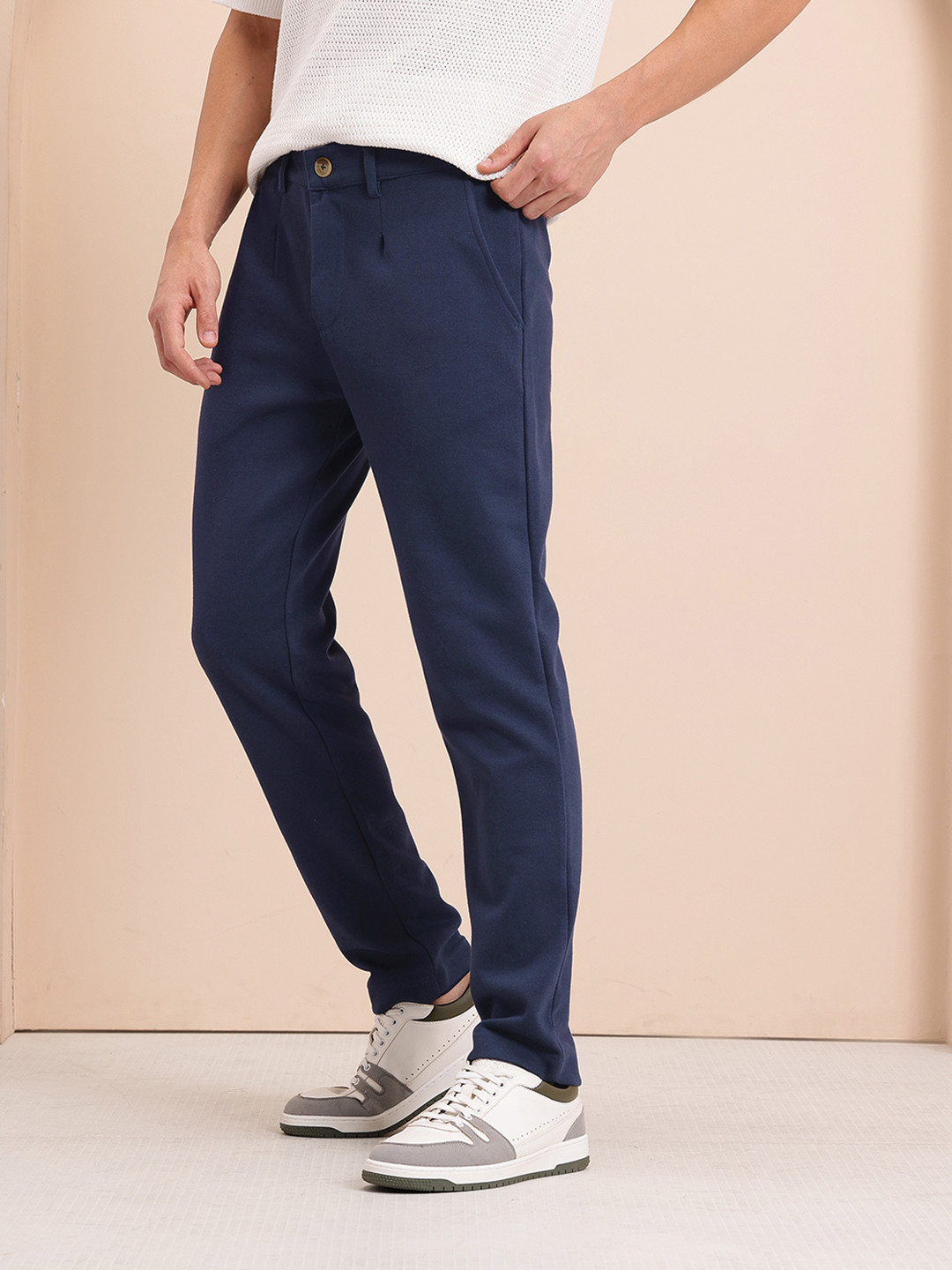 Mast & Harbour Men Original Navy Pleated Chinos Trousers