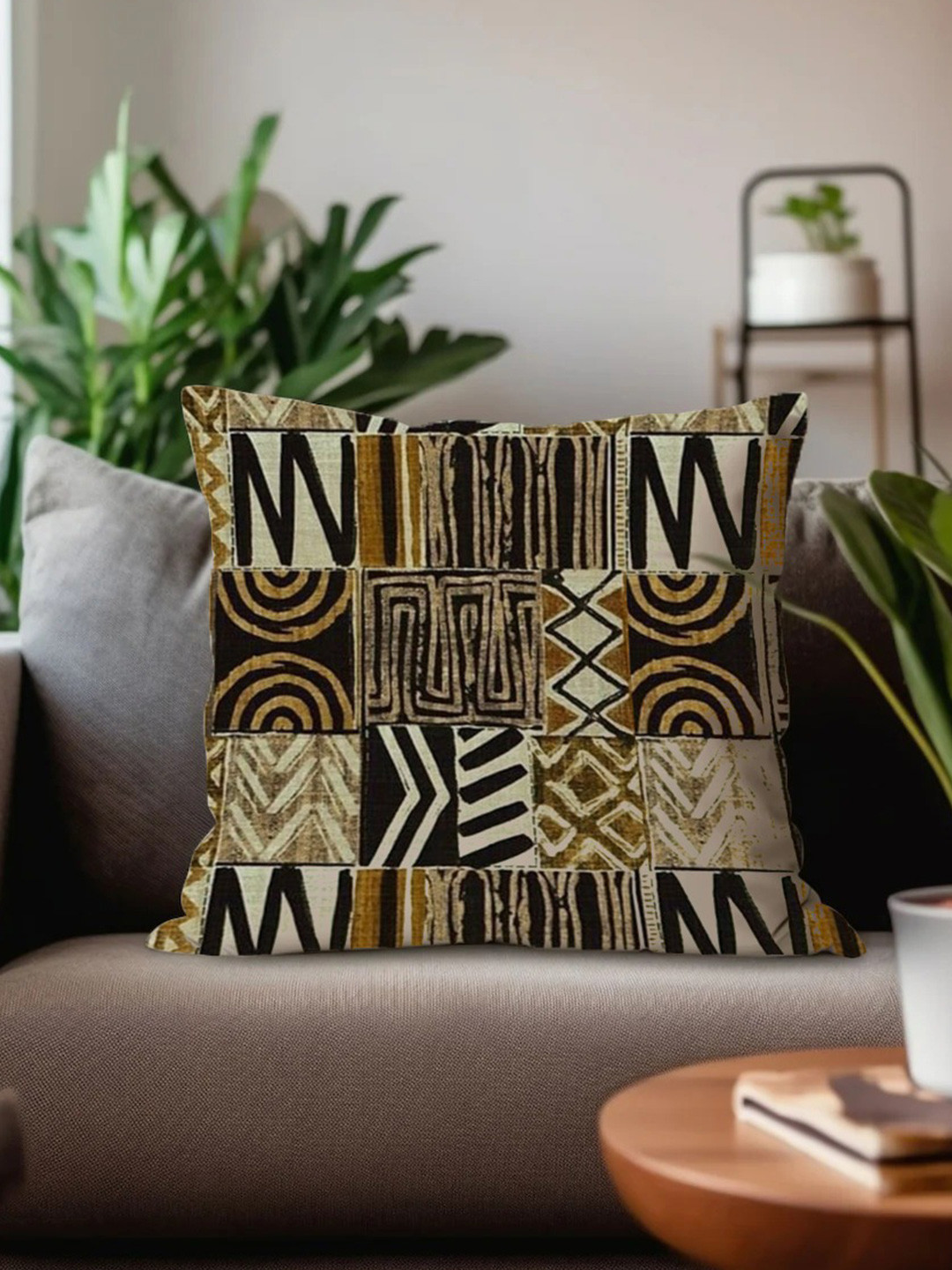 RAK DESIGNS Printed Brown Geometric Canvas Washable Square Cushion Cover -16x16In