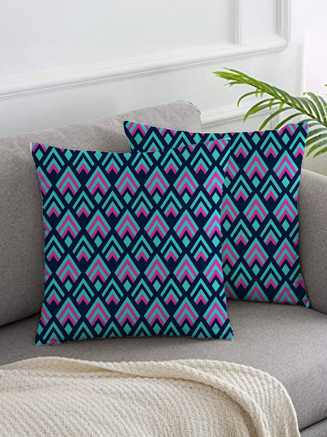 RAK DESIGNS Blue & Pink Geometric Printed Brocade Square Shaped Cushion Cover