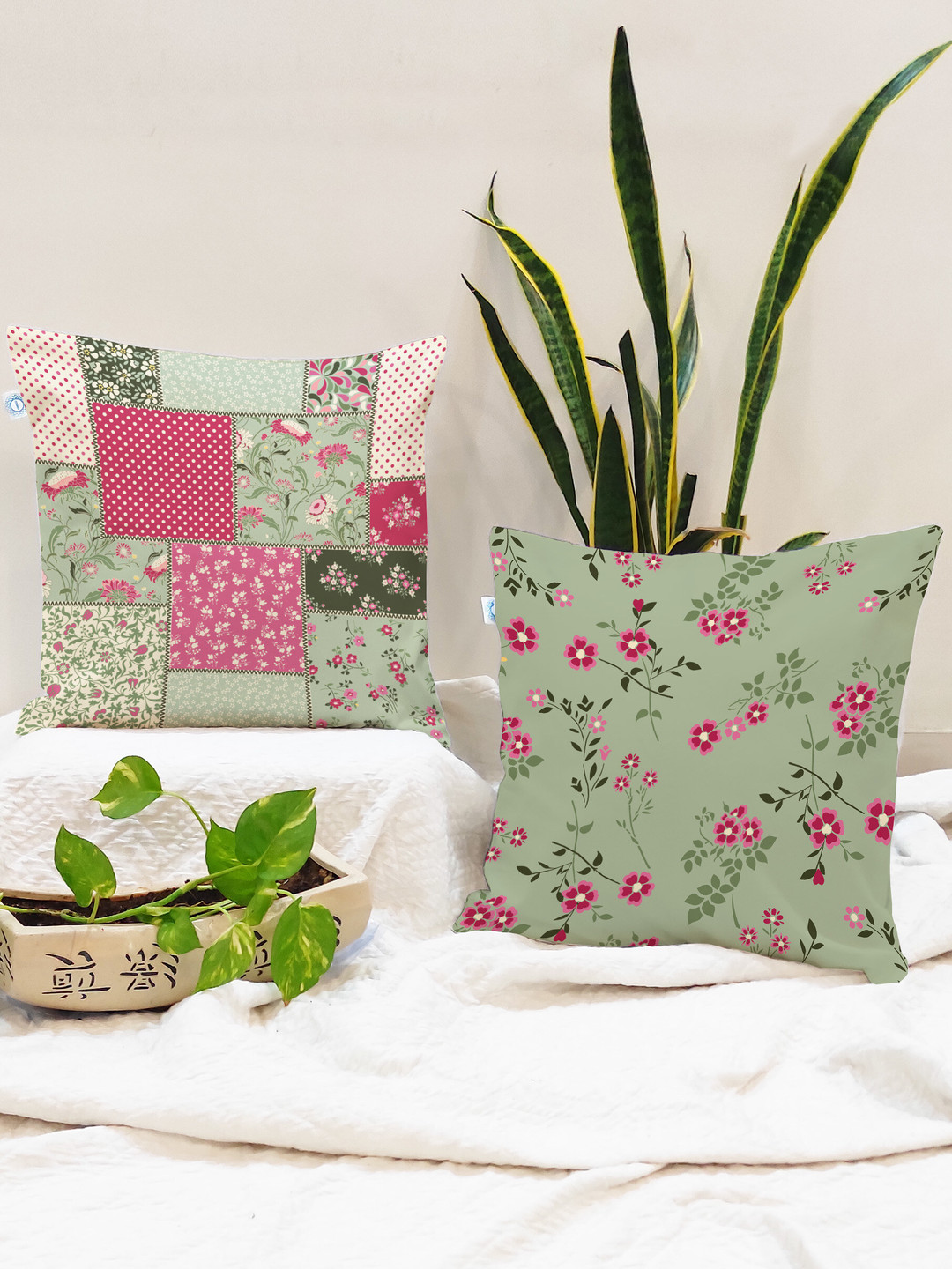 STITCHNEST Floral Polycotton Washable 2 Pcs Patchwork Cushion Covers - 24 x 24 Inches