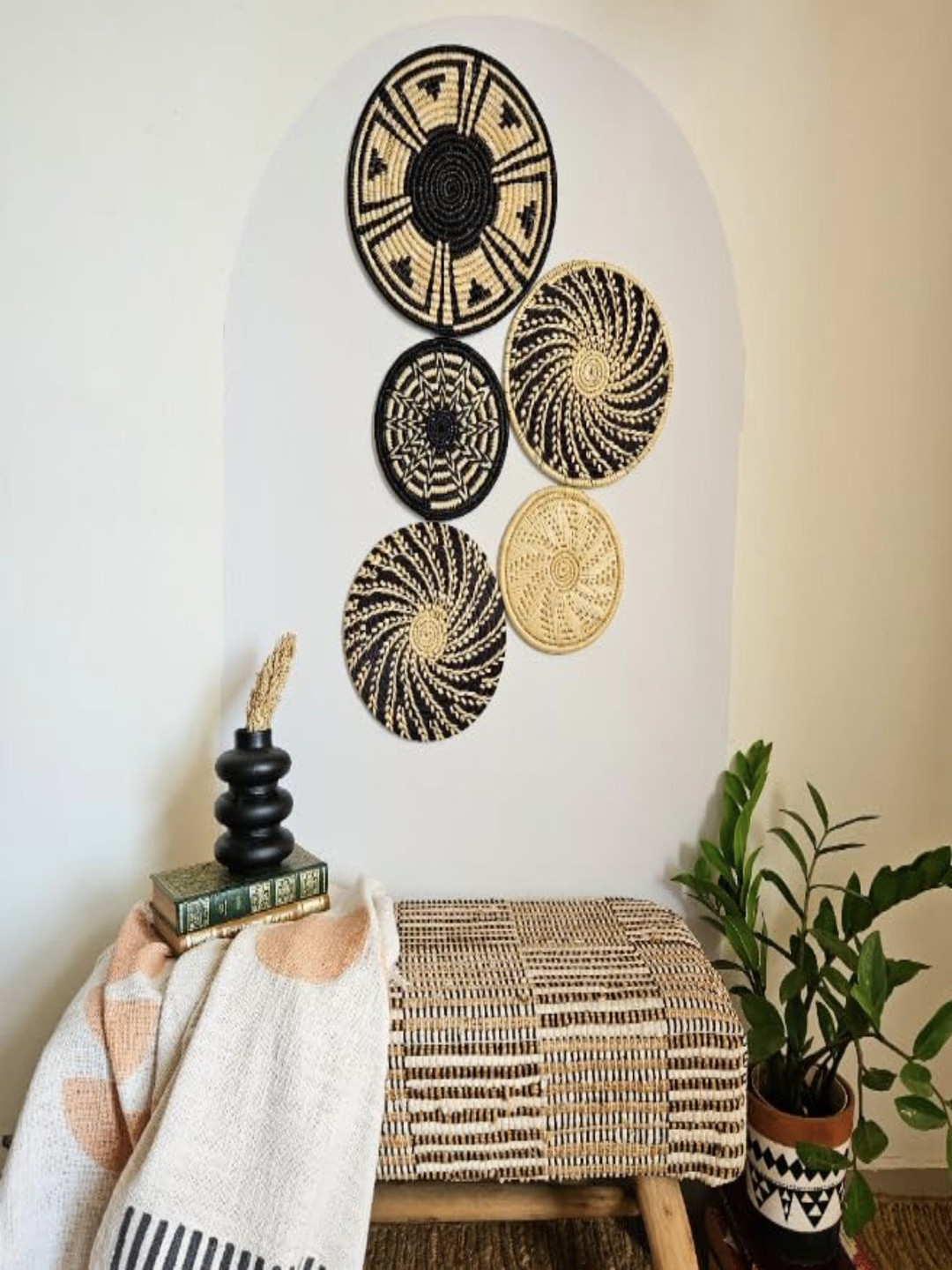 Ritualistic 5-Pcs Black & Beige Printed Yin Yan Munj Wall Hangings Plates