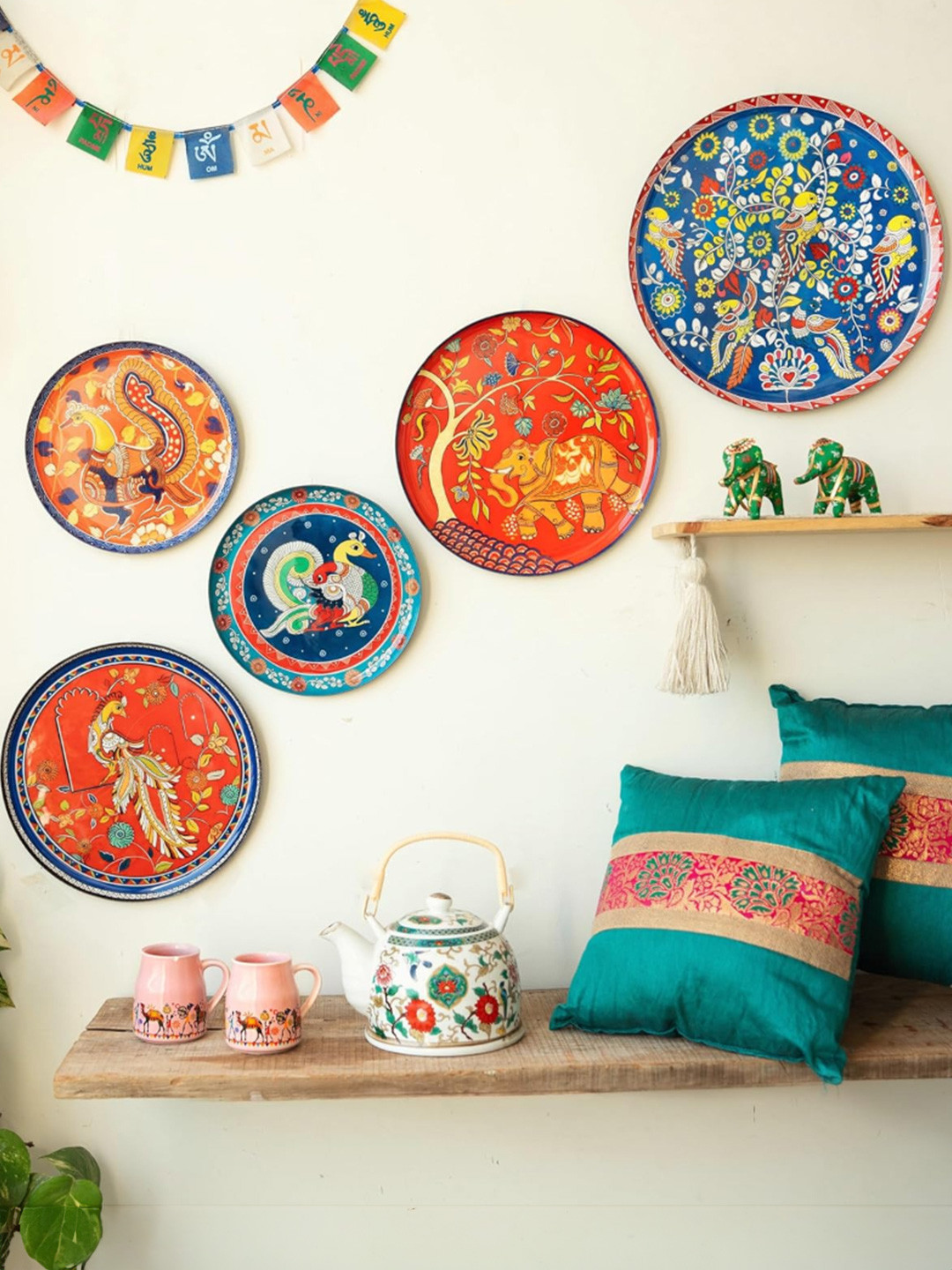 Ritualistic Chitrakala Wall Plates Metal Ethnic Motifs Glossy Hanging Hall 5Pcs -11.8In