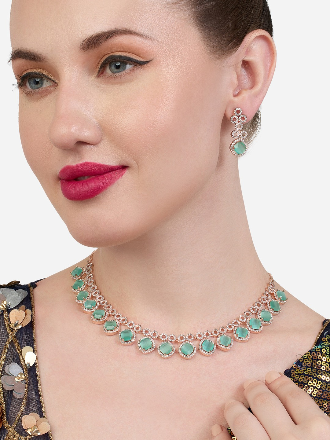 Zaveri Pearls Rose Gold-Plated Cubic Zircoina  Studded Jewellery Set