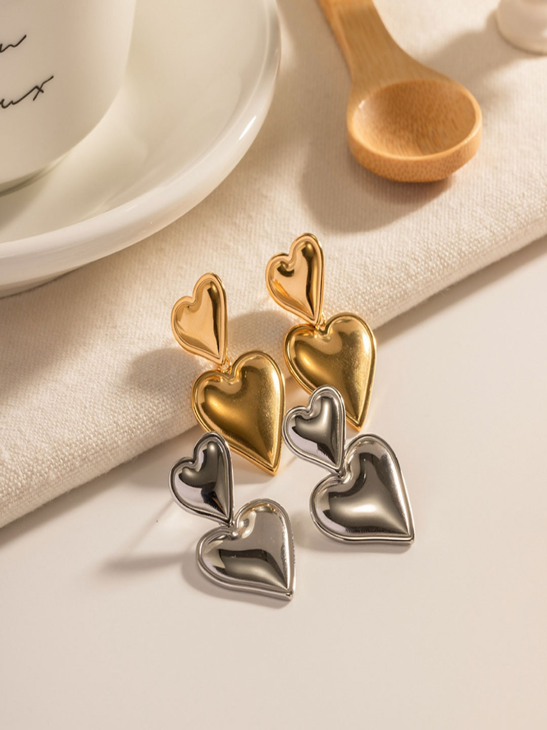 AQUASTREET Set Of 2 18K Gold & Silver Plated Anti-Tarnish Duo Heart Drop Earrings
