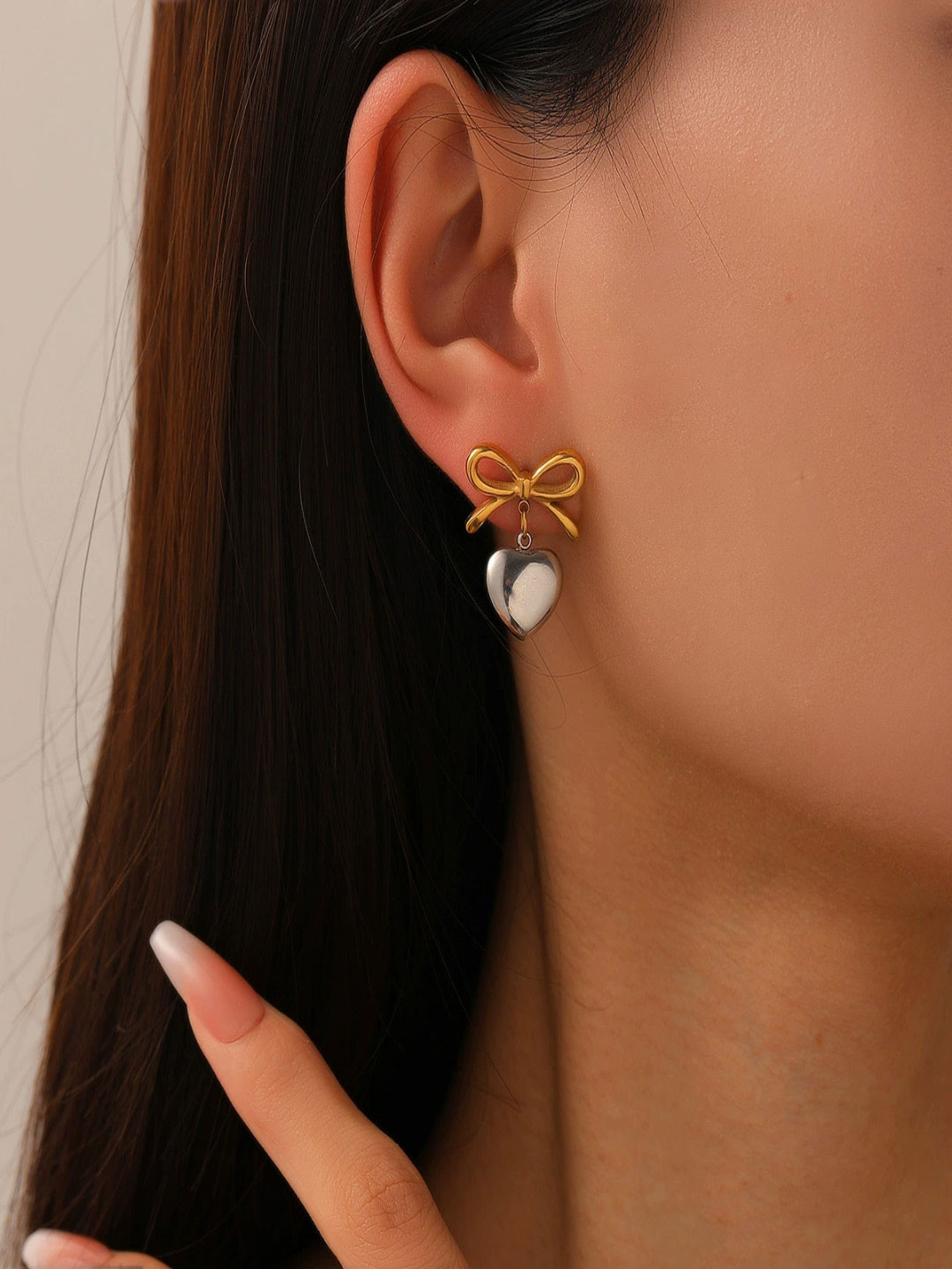 AQUASTREET 18K Gold & Silver Plated Two Toned Waterproof Anti-Tarnish Bow and Heart Drops