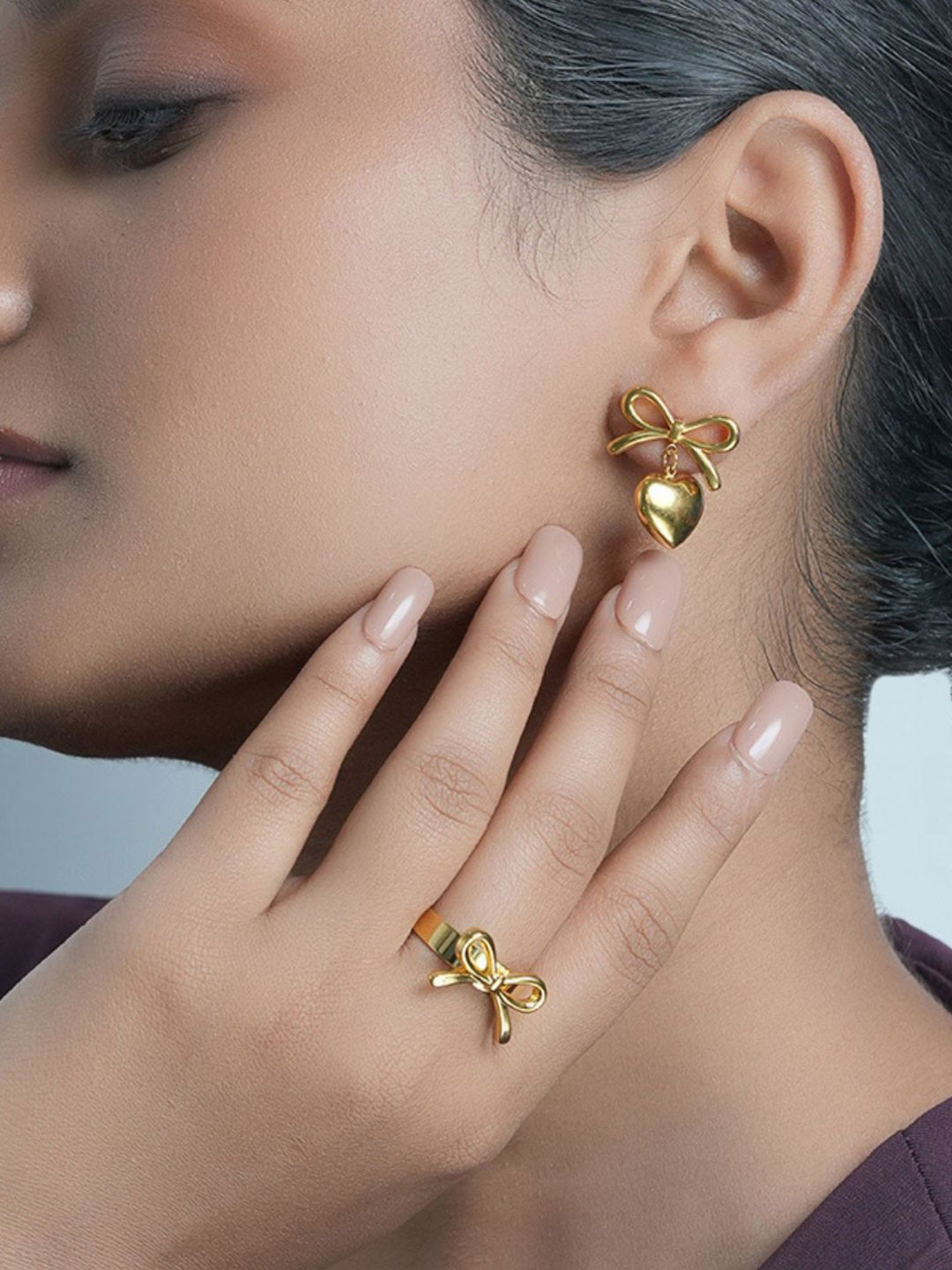 AQUASTREET 18K Gold Plated Waterproof Anti-Tarnish Bow Heart Drop Stud and Ring Set