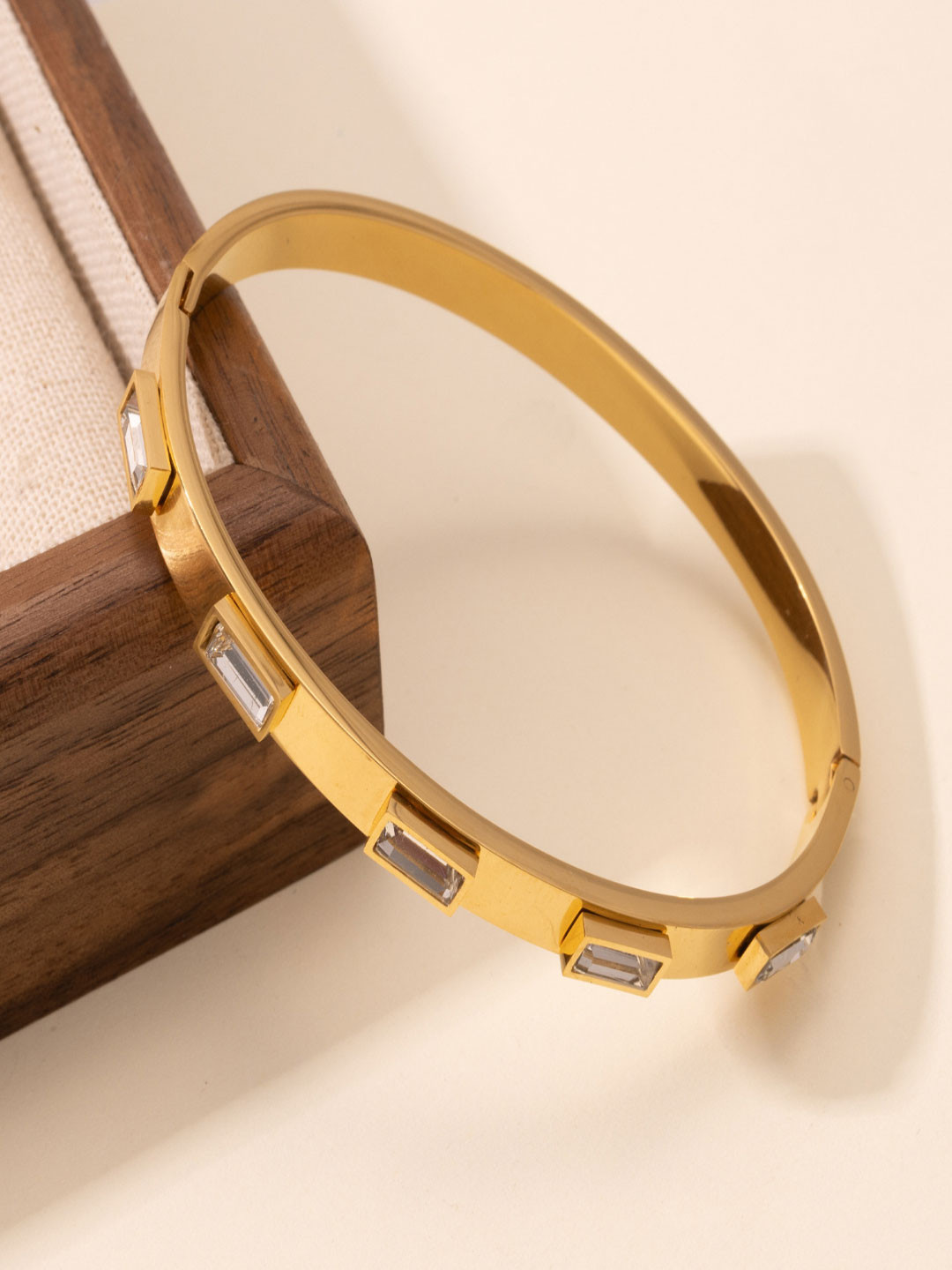 AQUASTREET 18K Gold Plated Waterproof Anti-Tarnish Rectangle Zircon Bangle Bracelet