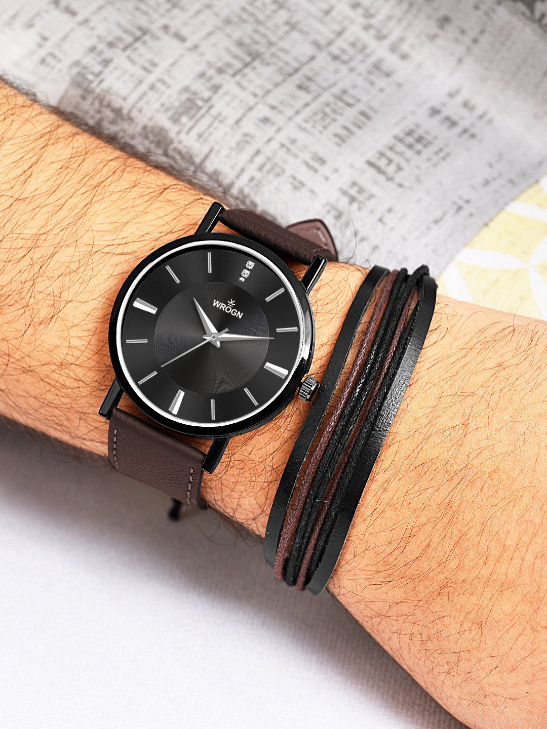 WROGN Men Patterned Dial & Leather Bracelet Style Straps Analogue Watch WRNWJ25 Set-52