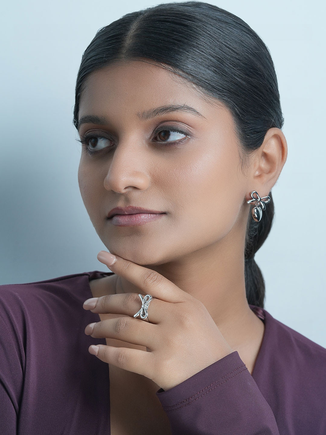 AQUASTREET 18K Silver Plated Waterproof Anti-Tarnish Bow Heart Drop Stud and Ring Set