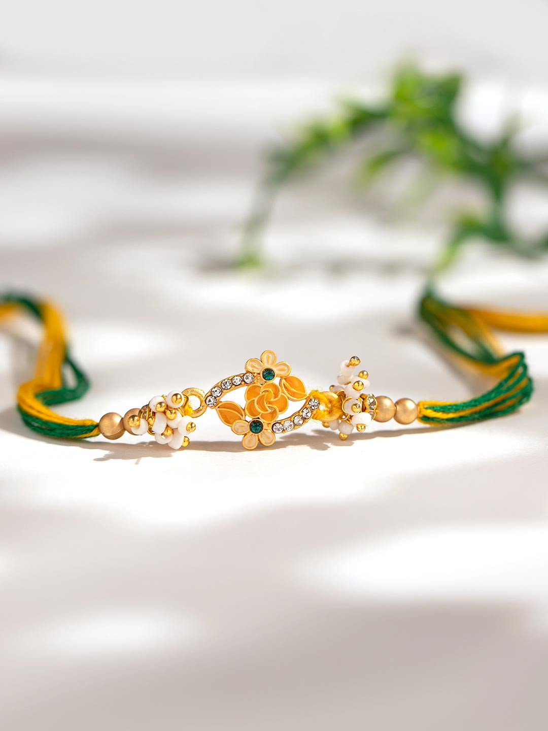 Voylla Sunshine Floral Stone Studded & Beaded Thread Rakhi With Roli Chawal