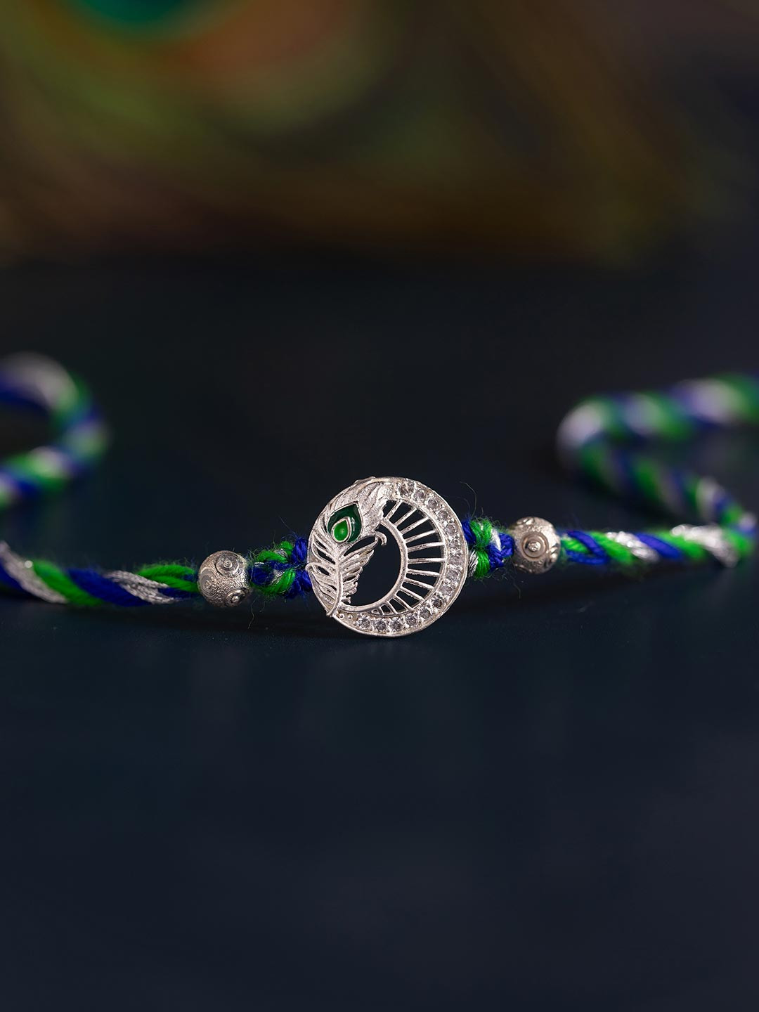 Voylla Graceful Silver Mor Pankh Designer Stone Studded Thread Rakhi