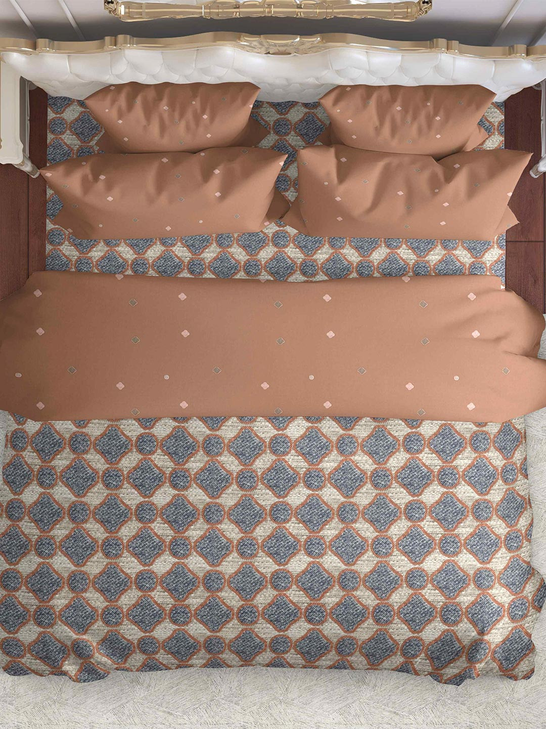 The Happy Pod Rust & Blue Geometric Microfiber Queen Bedding Set