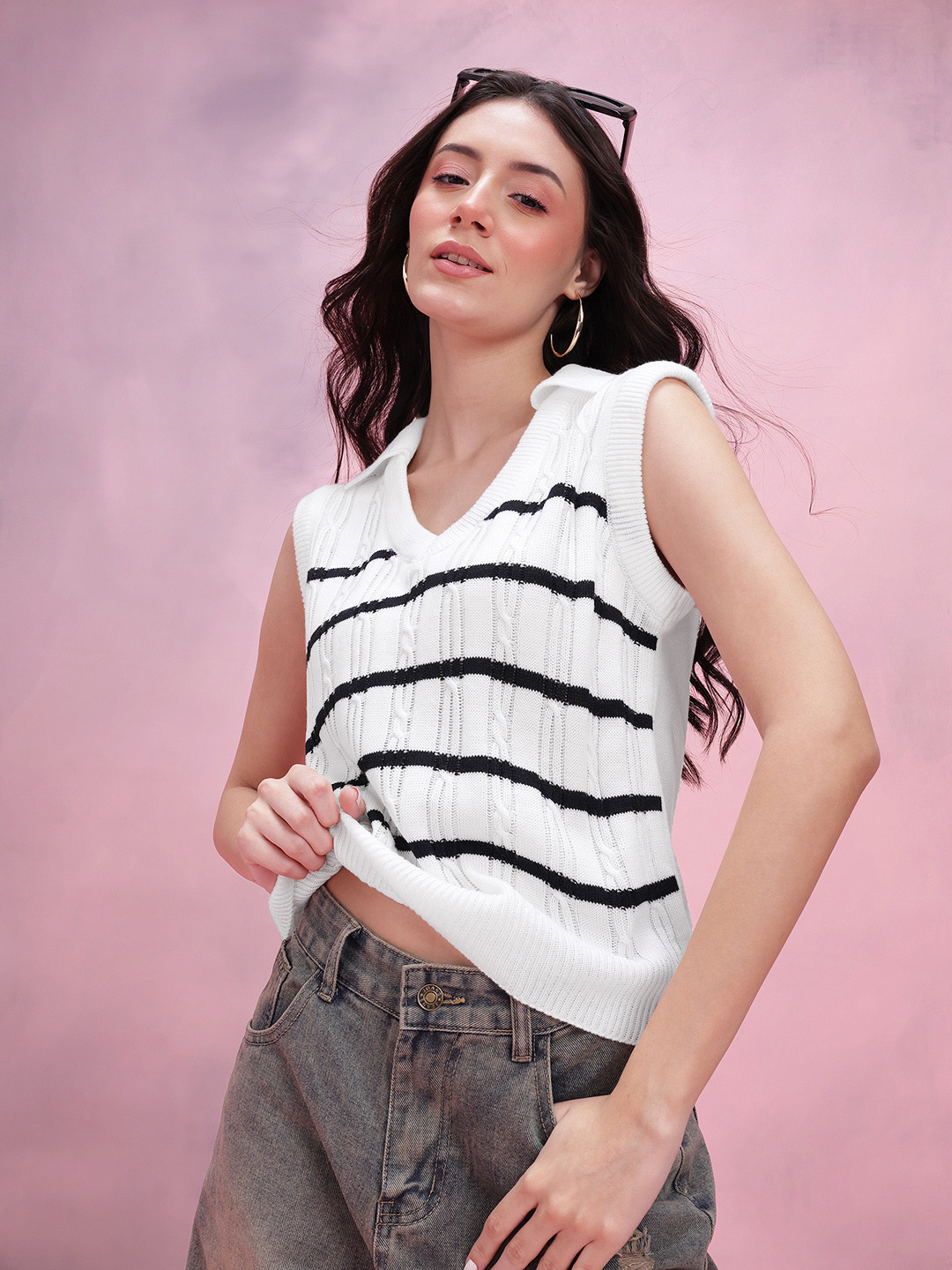 DressBerry Striped Cable Knit Shirt Collar Pullover