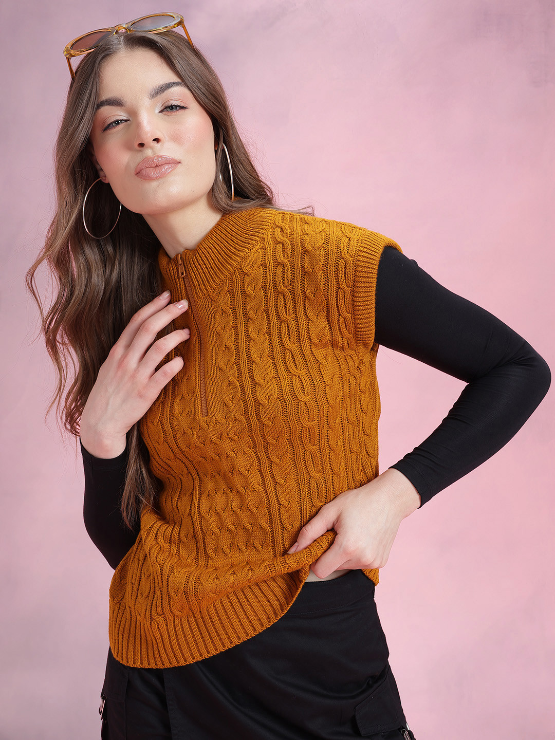 DressBerry Cable Knit High-Neck Zippered Sweater Vest