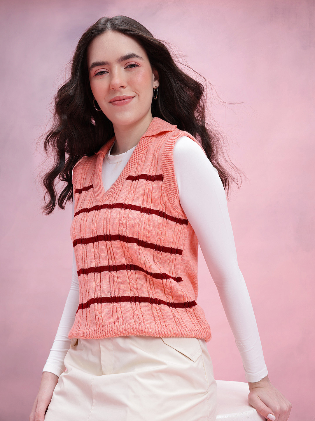 DressBerry Horizontally Self-Striped Acrylic Sweater Vest with Cable Knits