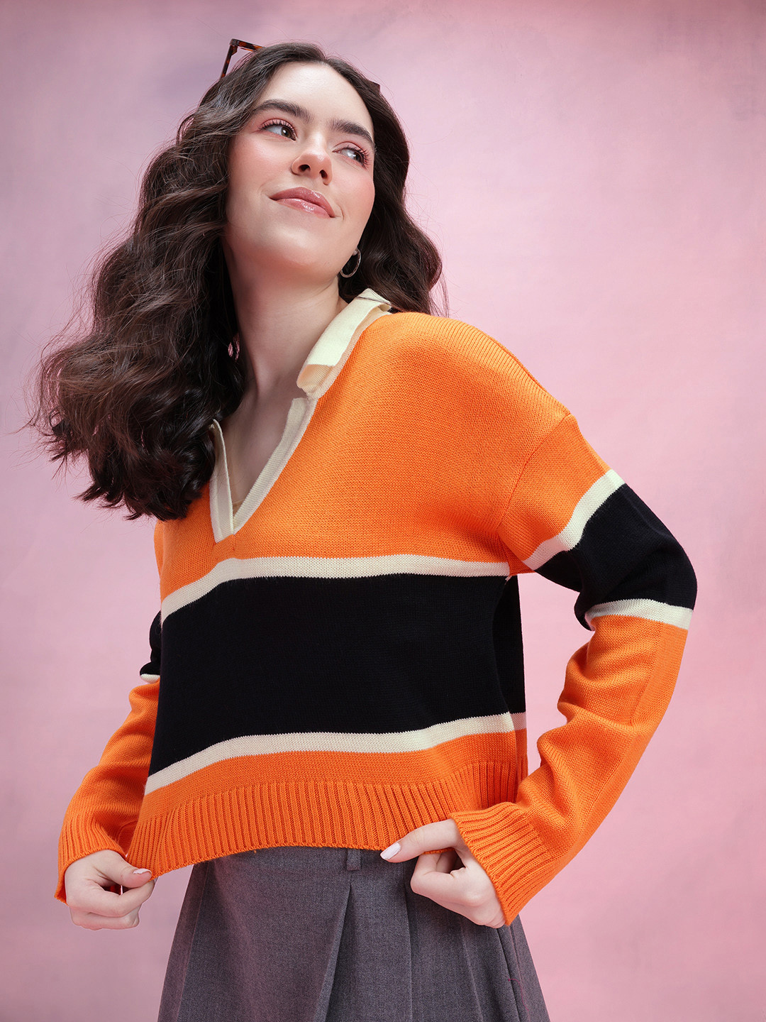 DressBerry Self-Striped Drop-Shoulder Sleeves Shirt Collar Relaxed Fit Acrylic Pullover