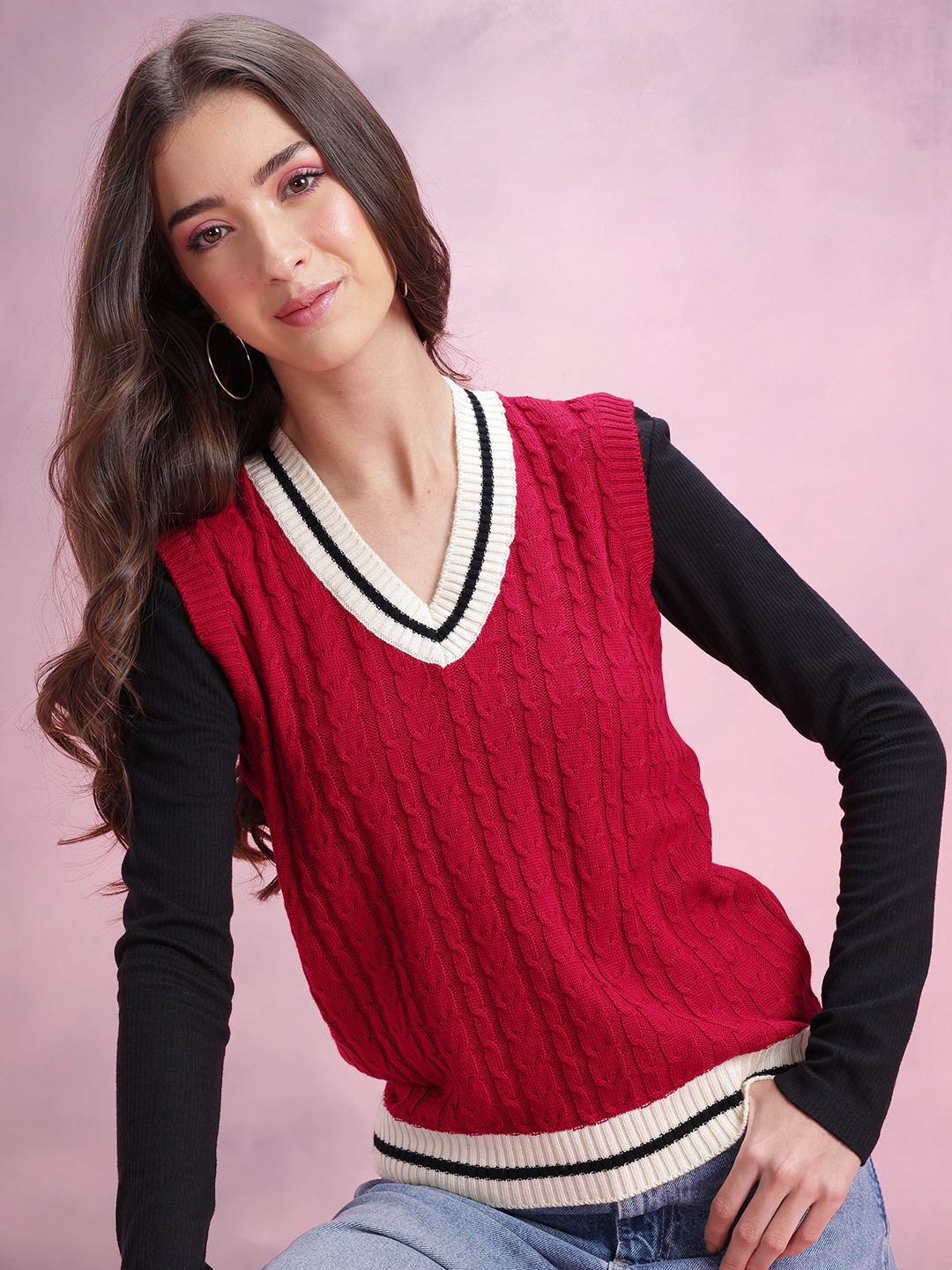 DressBerry Cable Knit Contrast Trim Sweater Vest