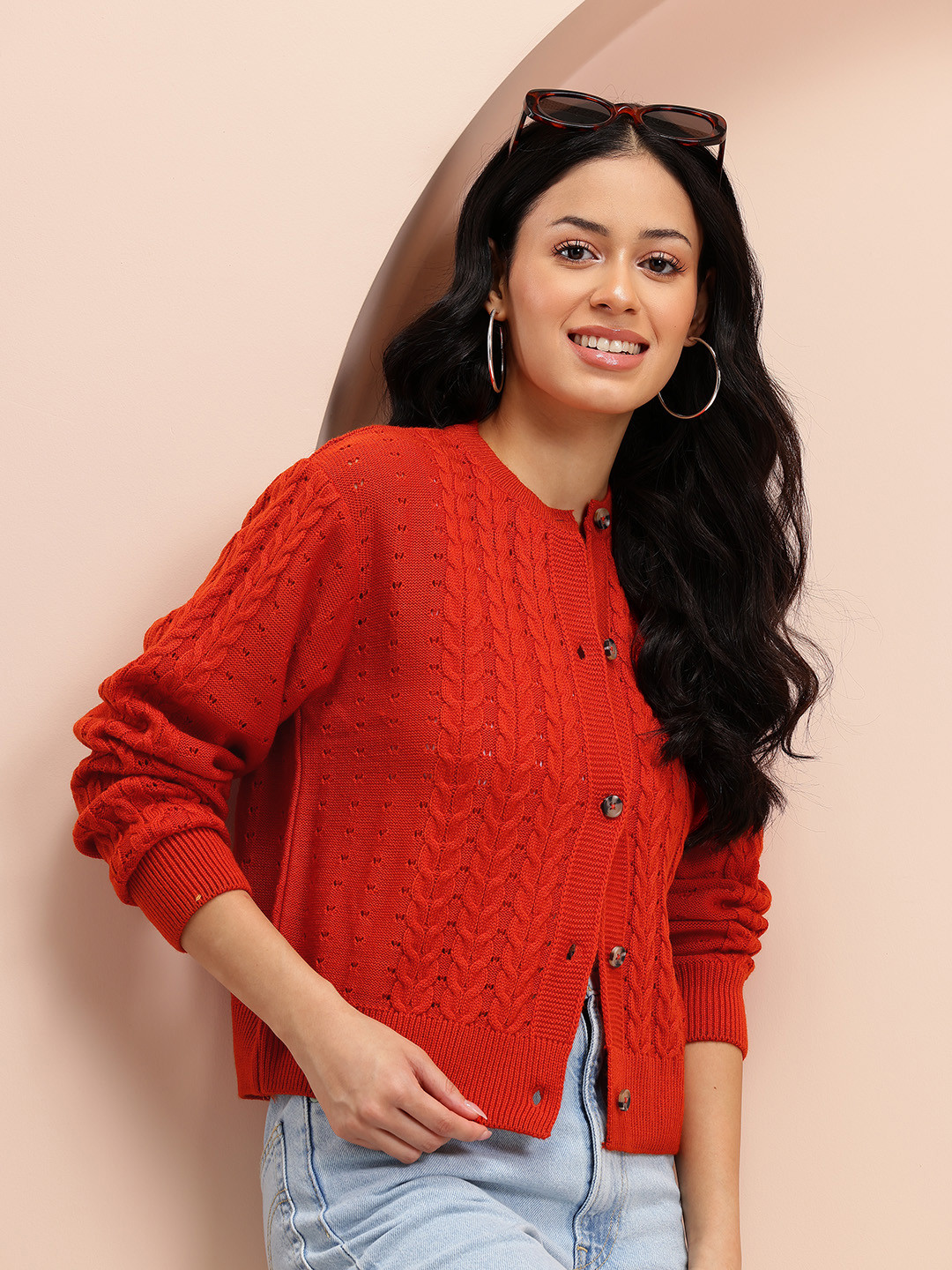 Mast & Harbour Cable & Open Knit Button-Down Acrylic Cardigan