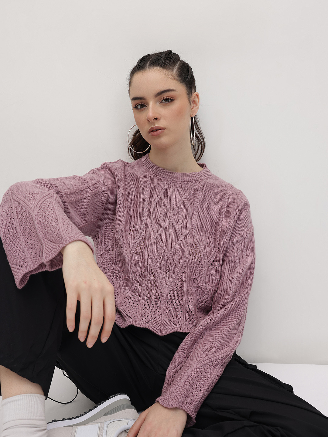 The Roadster Life Co. Open Knit Drop-Shoulder Sleeves Acrylic Crop Pullover