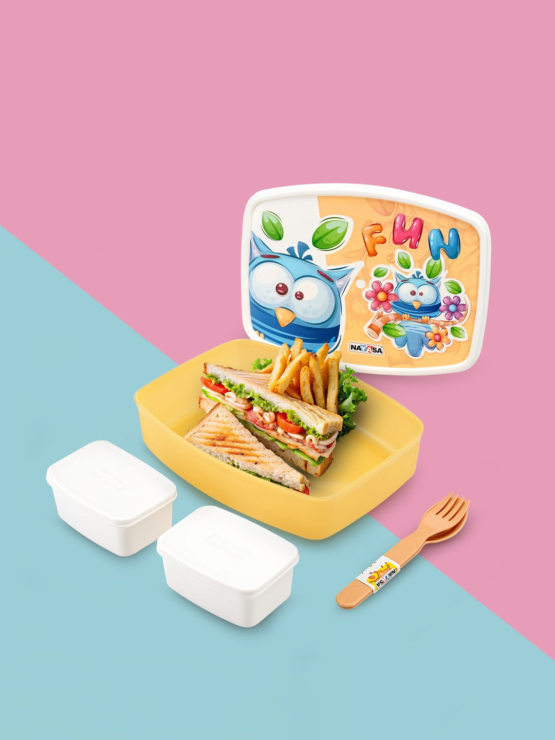 Nayasa Witty Deluxe Big Owl Print Plastic Easy to Clean 4PCs Lunch Box With Spoon and Fork