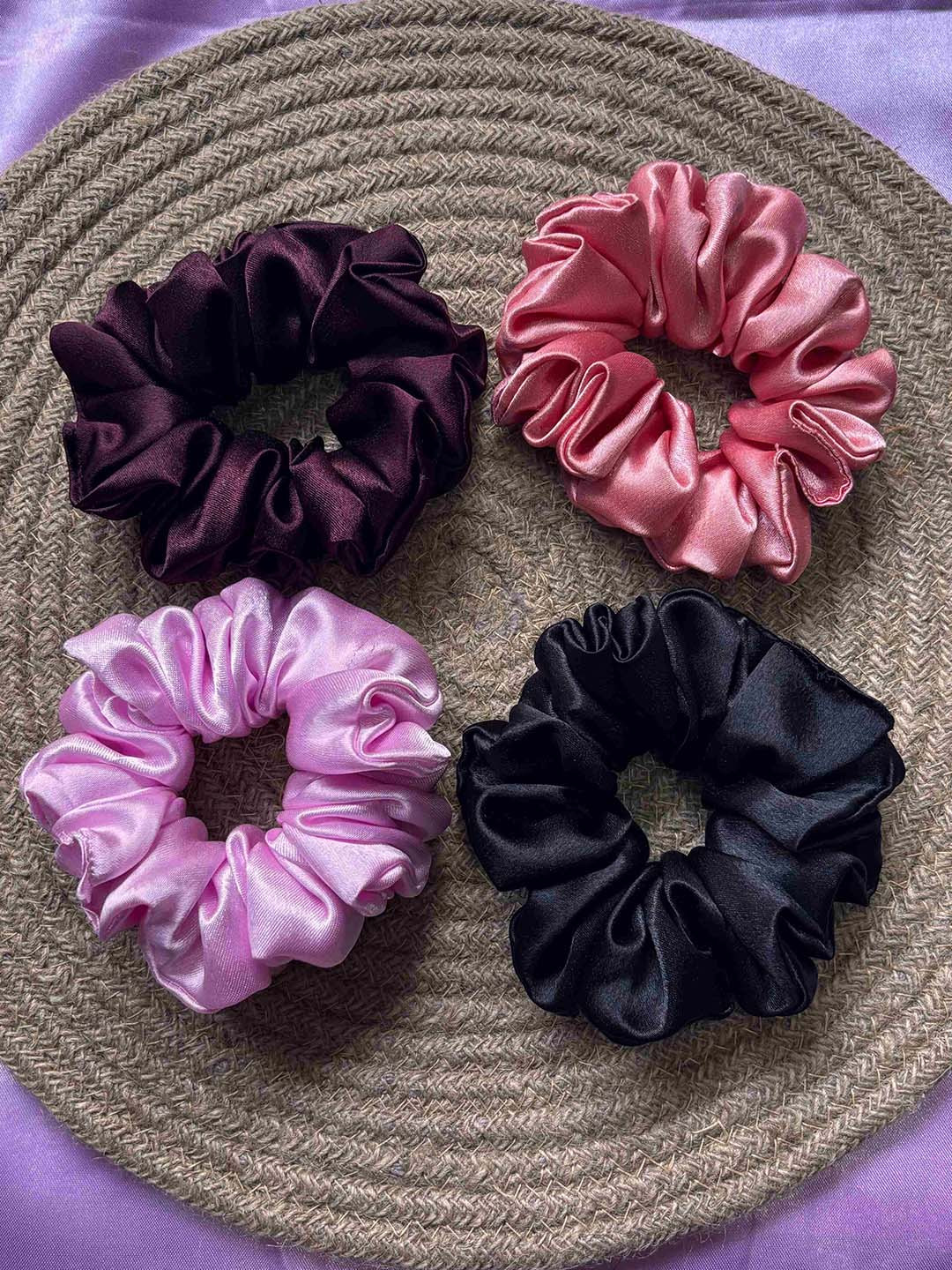 UMAHI Unisex Set of 4 Black Magenta Pink & Rose Premium Satin Scrunchies