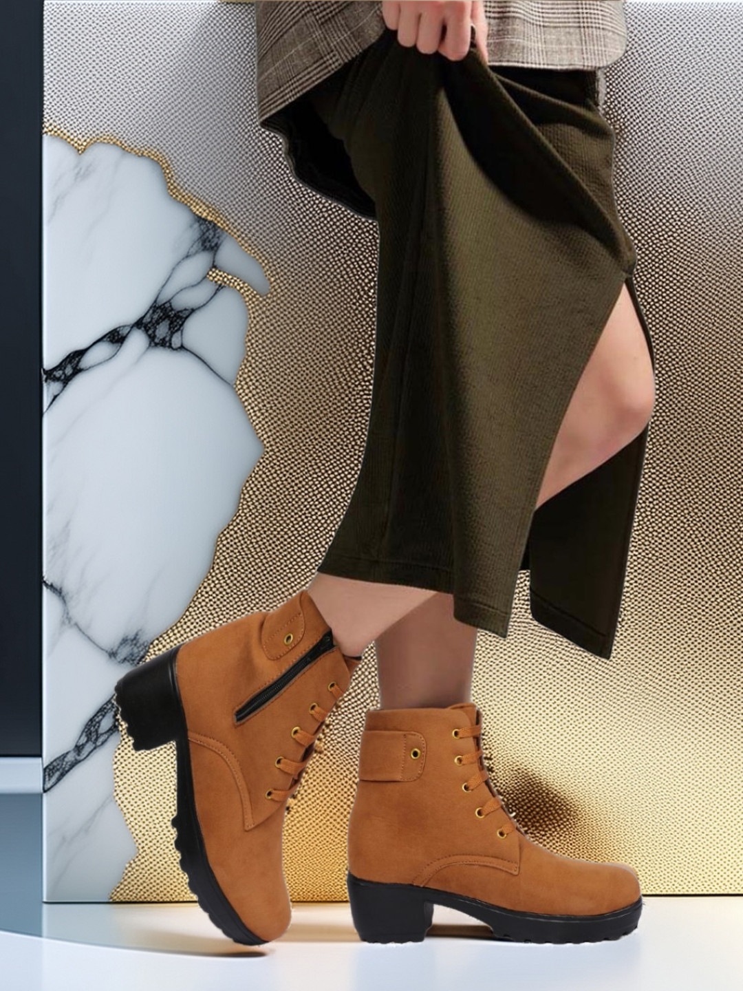 Kliev Paris Women Ankle Heel Round Toe Chunky Boots With Side Zipper