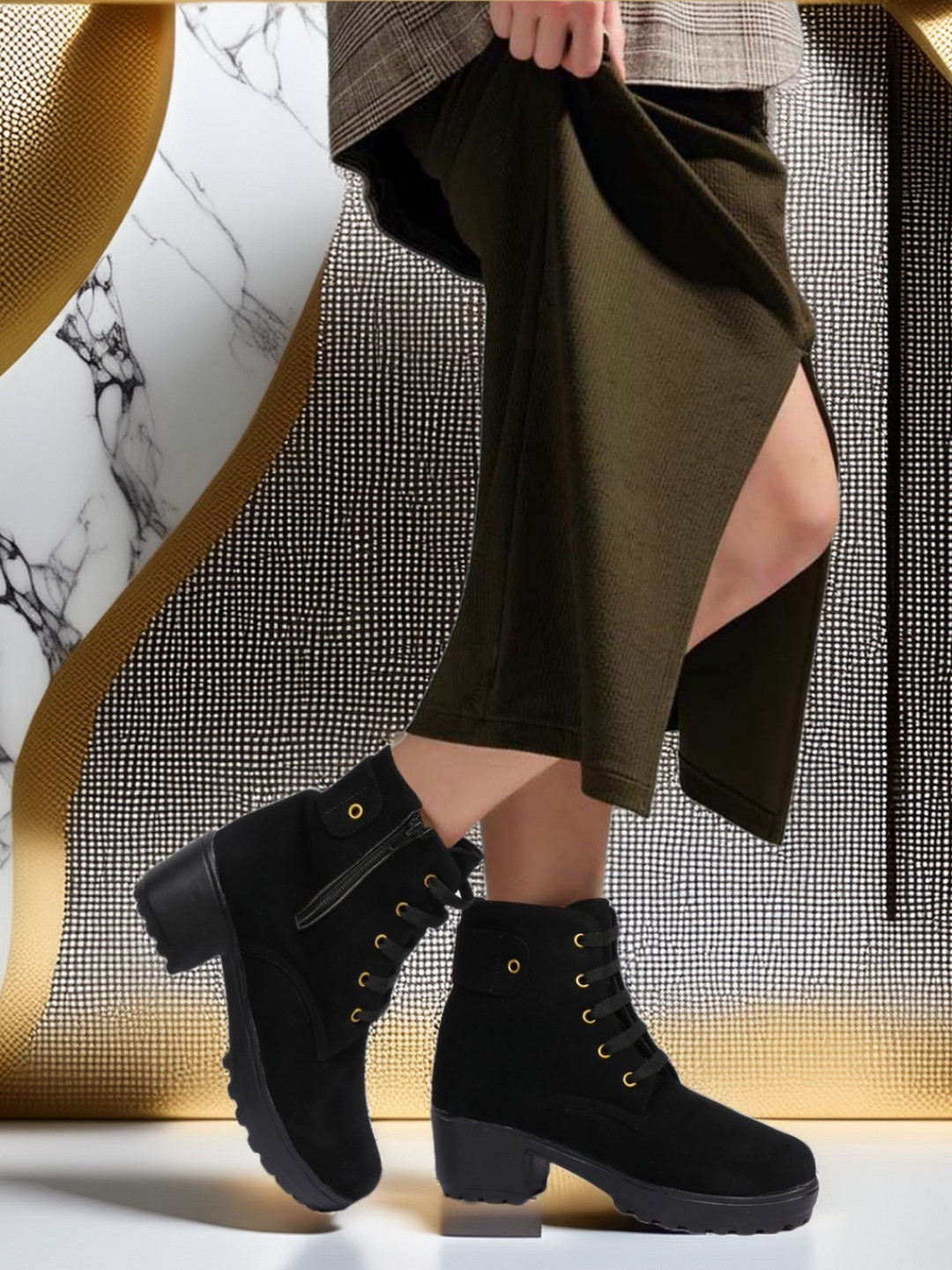 Kliev Paris Women Ankle Heel Chunky Boots With Side Zipper