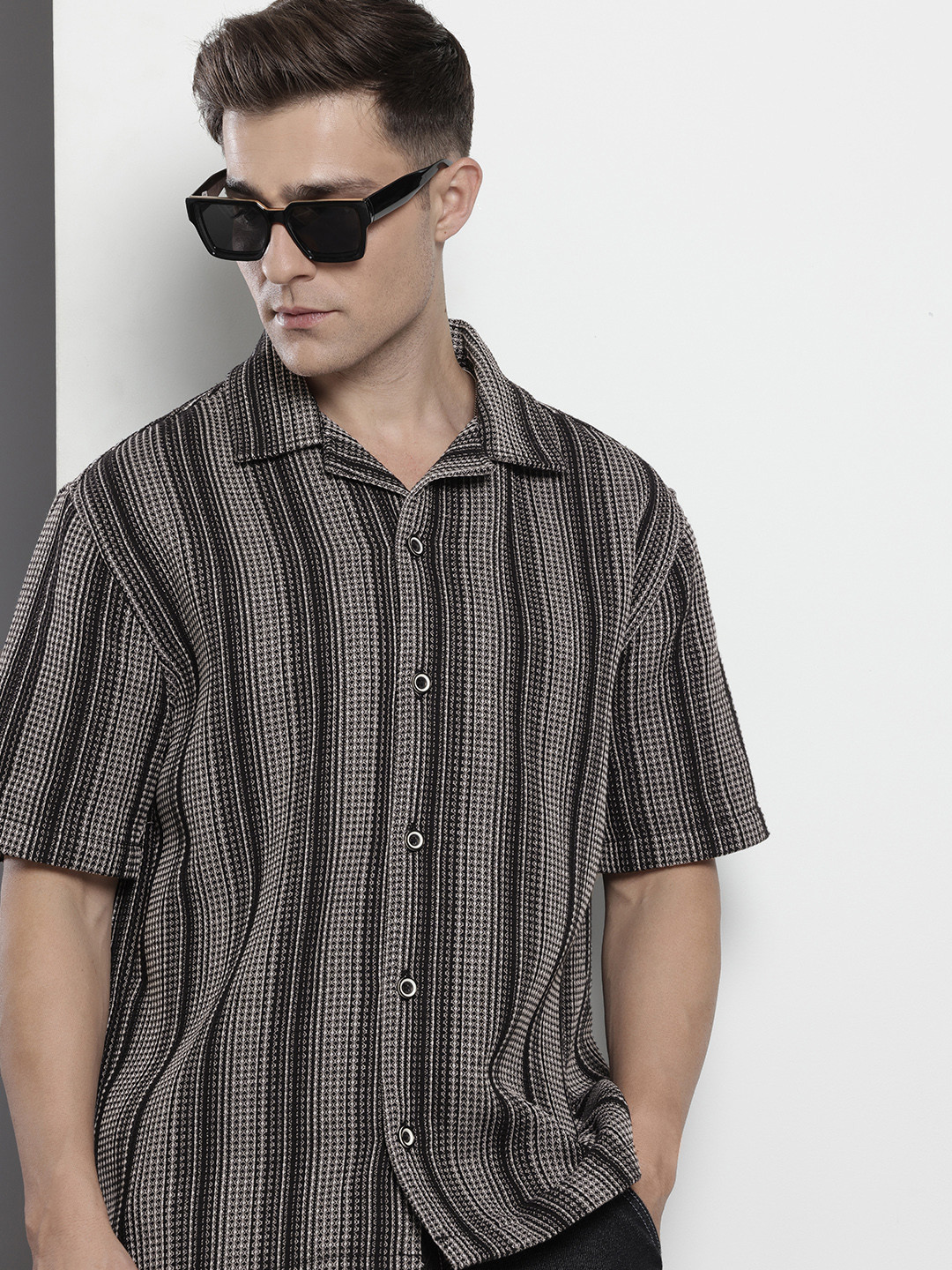 The Indian Garage Co Pure Cotton Striped & Waffle Textured Relaxed Fit Casual Shirt