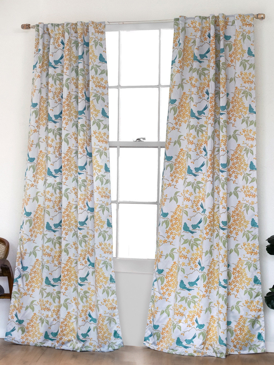 Tranquebar Home Yellow & Blue Floral Black Out Window Curtain