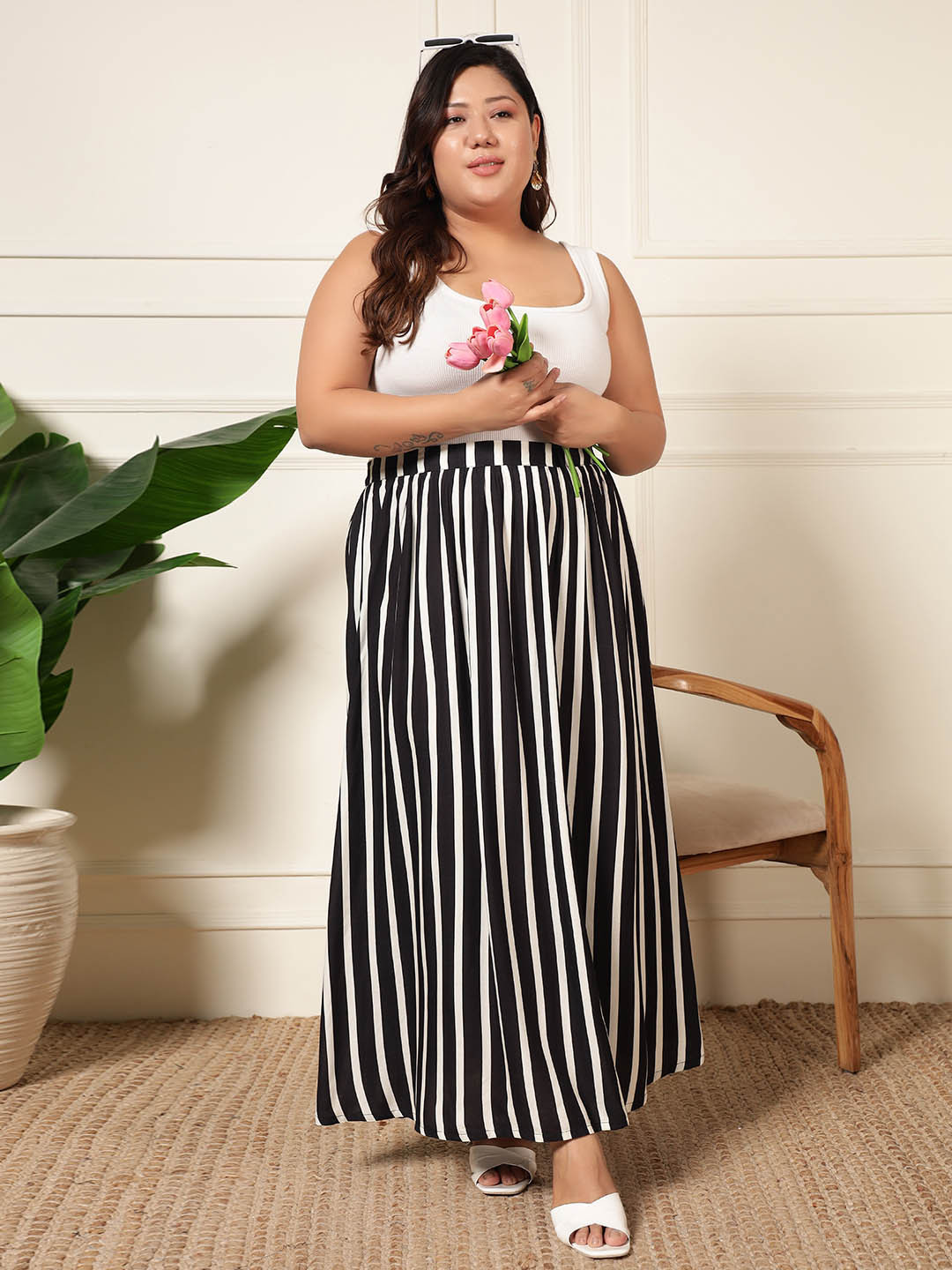 DEEBACO Striped Gathered Maxi Skirt