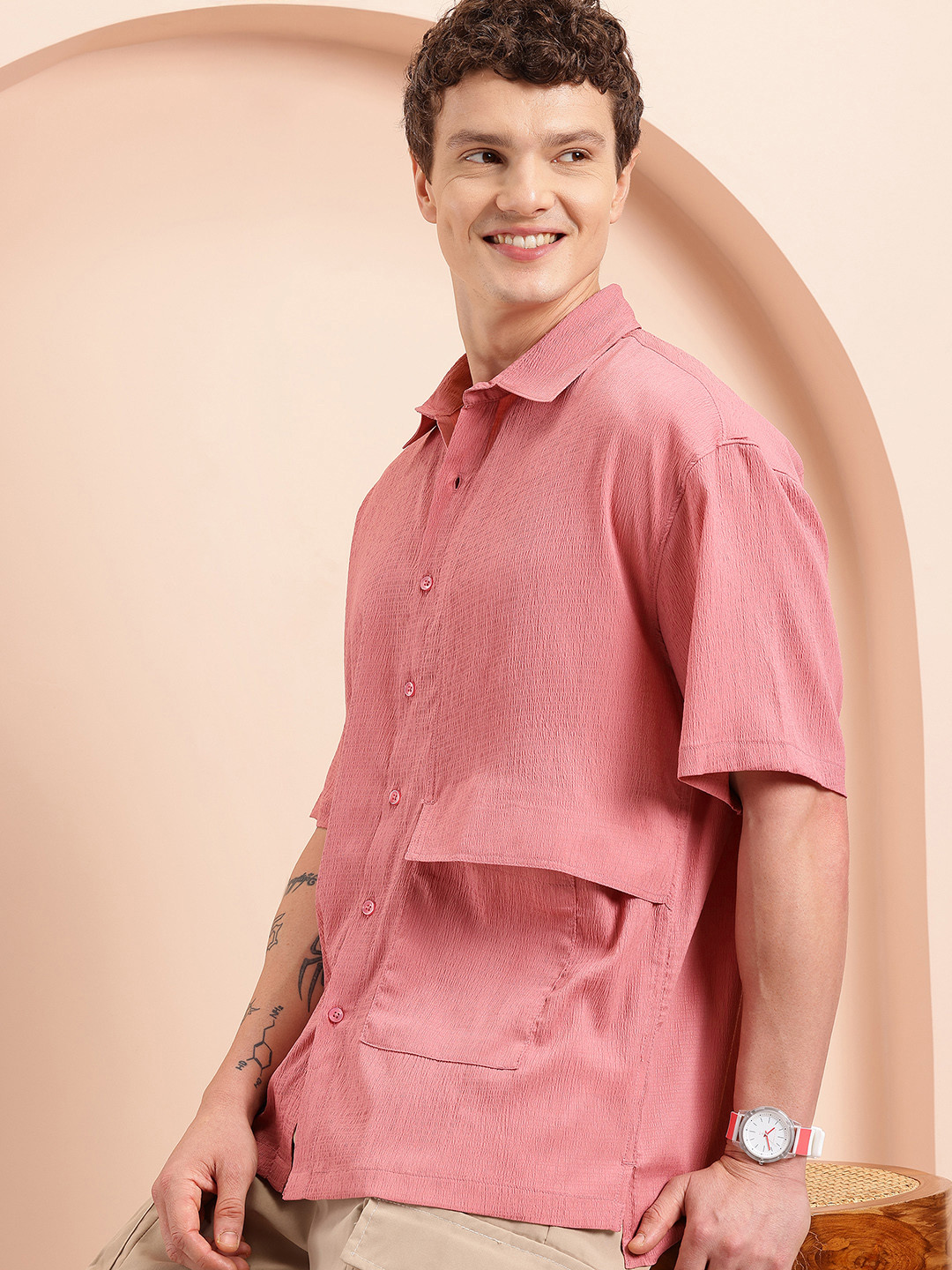 Mast & Harbour Textured Oversize Box Pocket Shirt