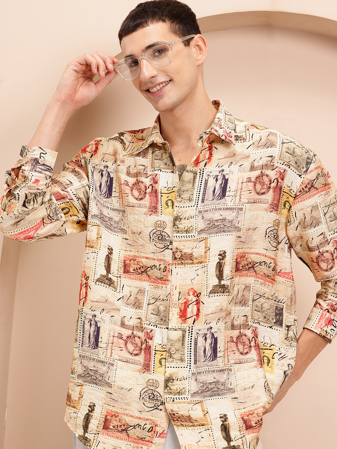 Mast & Harbour European Graphics Print Crinkled Effect Drop-Sleeves Relaxed Fit Shirt