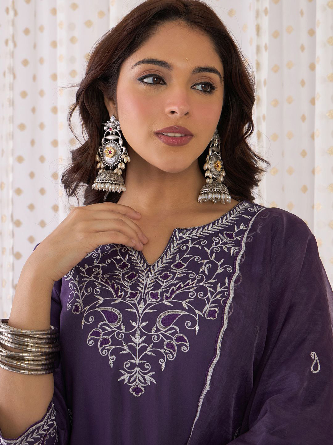 Indo Era Paisley Embroidered Notch Neck Straight Kurta With Trousers & Dupatta