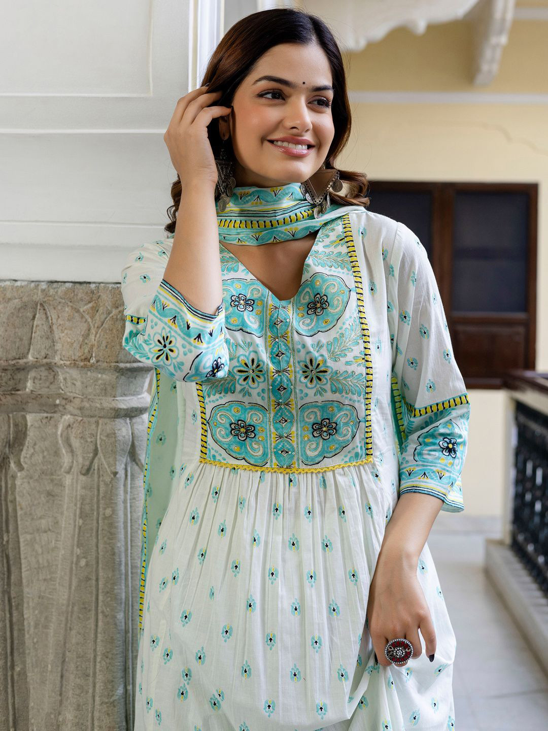 Indo Era Floral Printed V-Neck Pleated Pure Cotton A-Line Kurta With Trouser And Dupatta