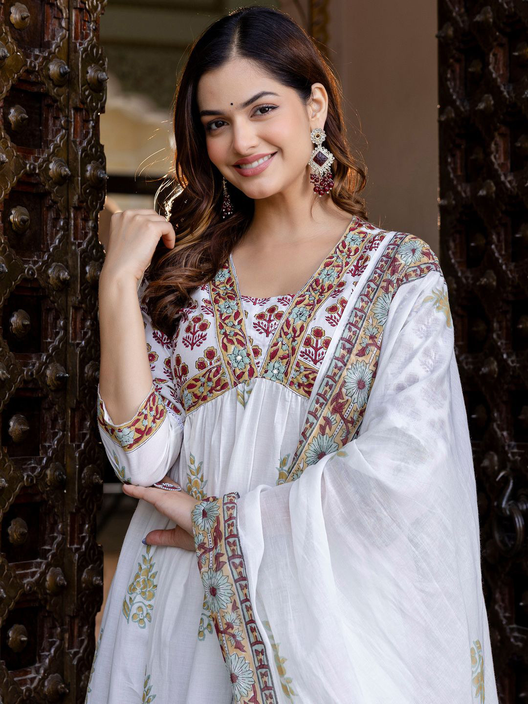 Indo Era Floral Printed Empire Pure Cotton A-Line Kurta With Trousers & Dupatta