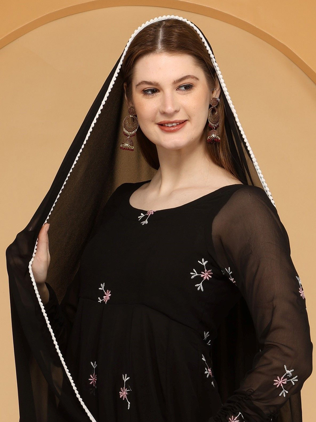 Bahe Kurtiz Floral Embroidered Georgette Anarkali Kurta With Trousers & Dupatta