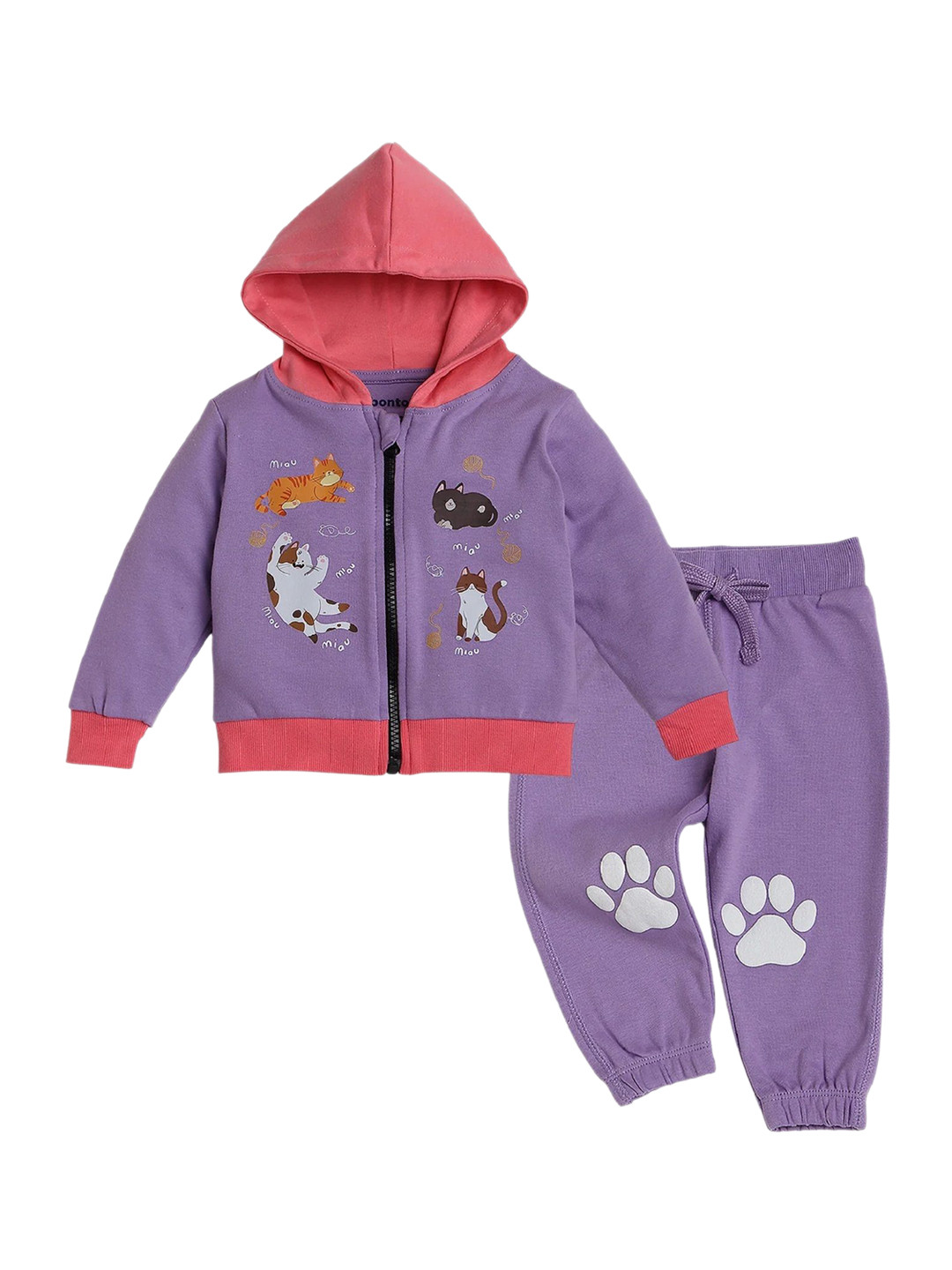 BONTOTS Infant Girls Cat Printed Organic Cotton Zipper Hoodie and Jogger Set